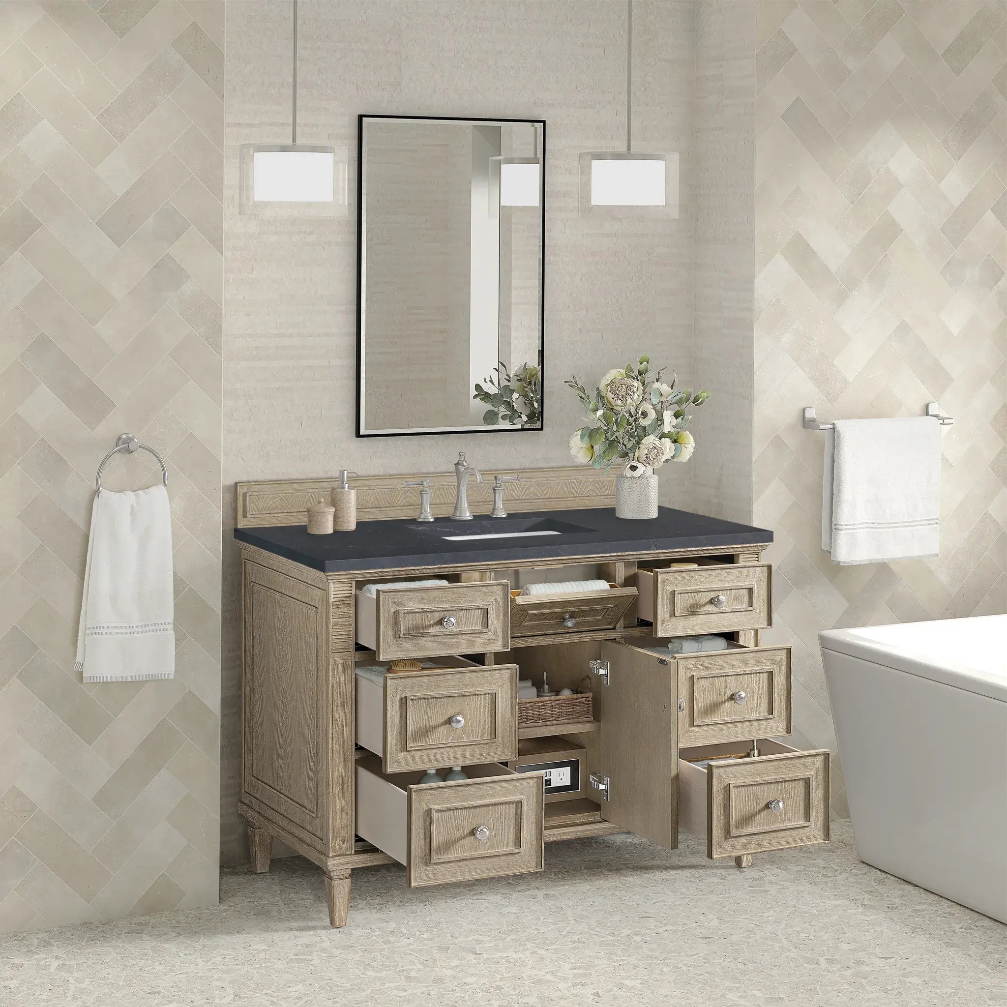 48" Lorelai Single Vanity in Whitewashed Oak-Charcoal Soapstone Silestone-8" Widespread image 4