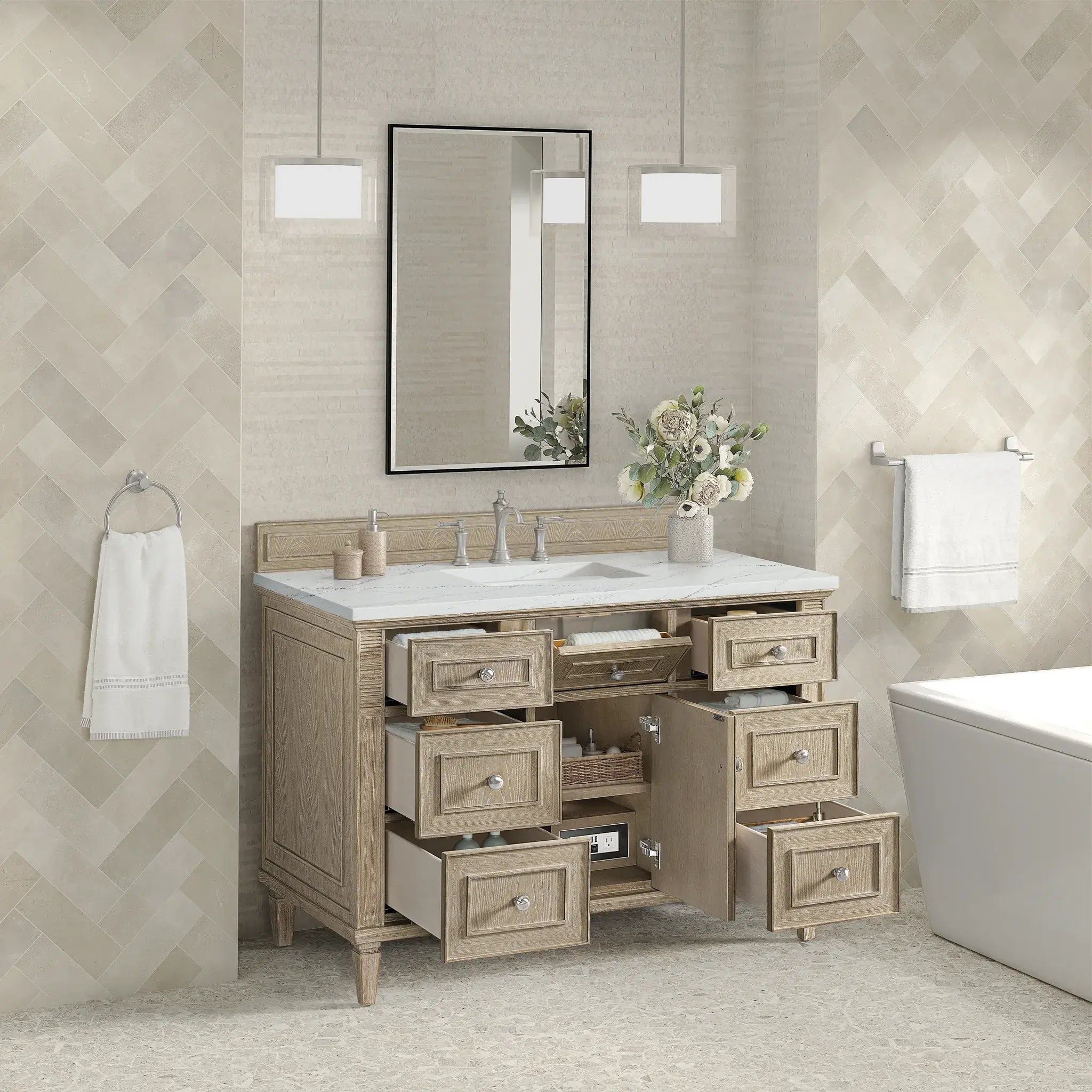 48" Lorelai Single Vanity in Whitewashed Oak-Ethereal Noctis Silestone-8" Widespread image 4