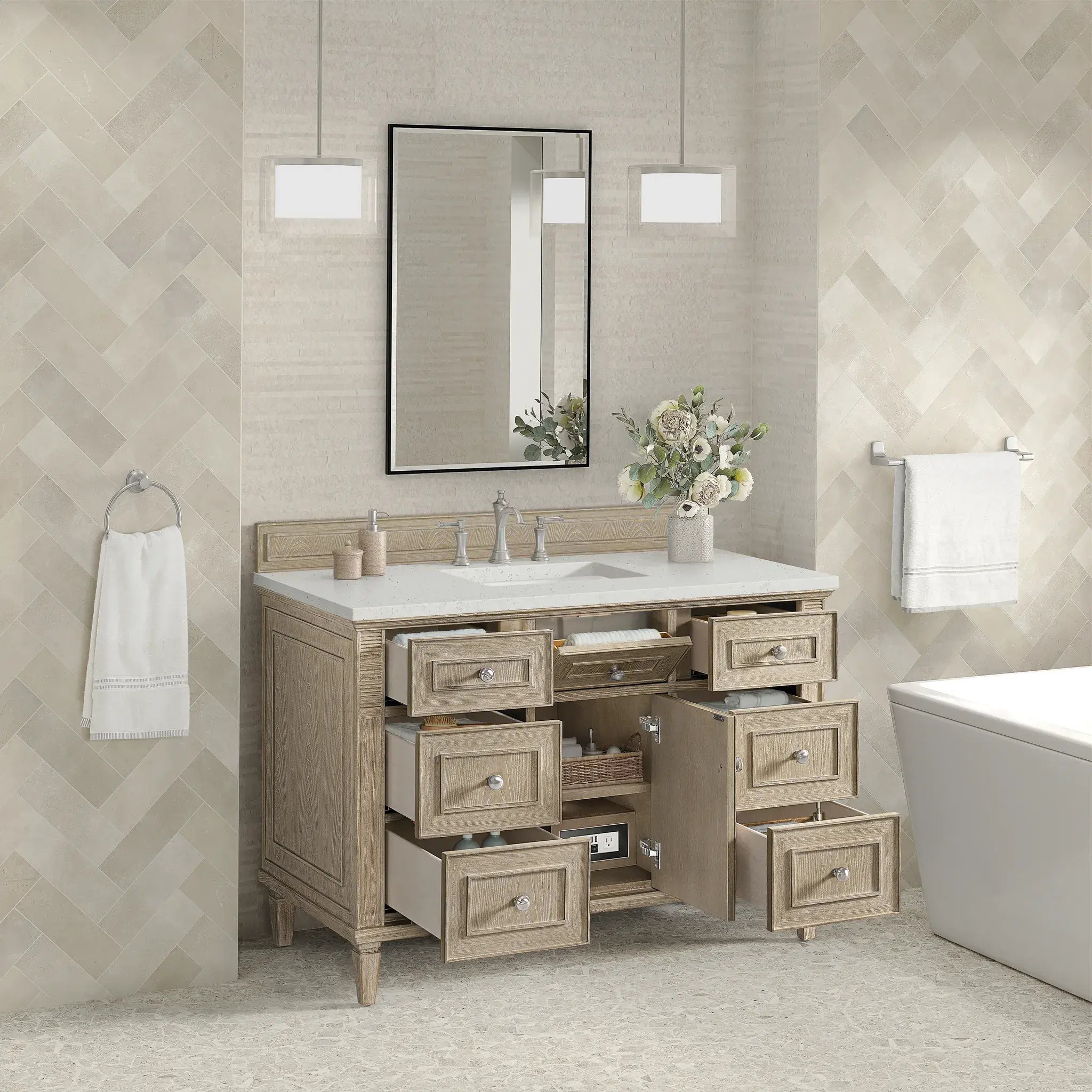 48" Lorelai Single Vanity in Whitewashed Oak-Lime Delight Silestone-8" Widespread image 4