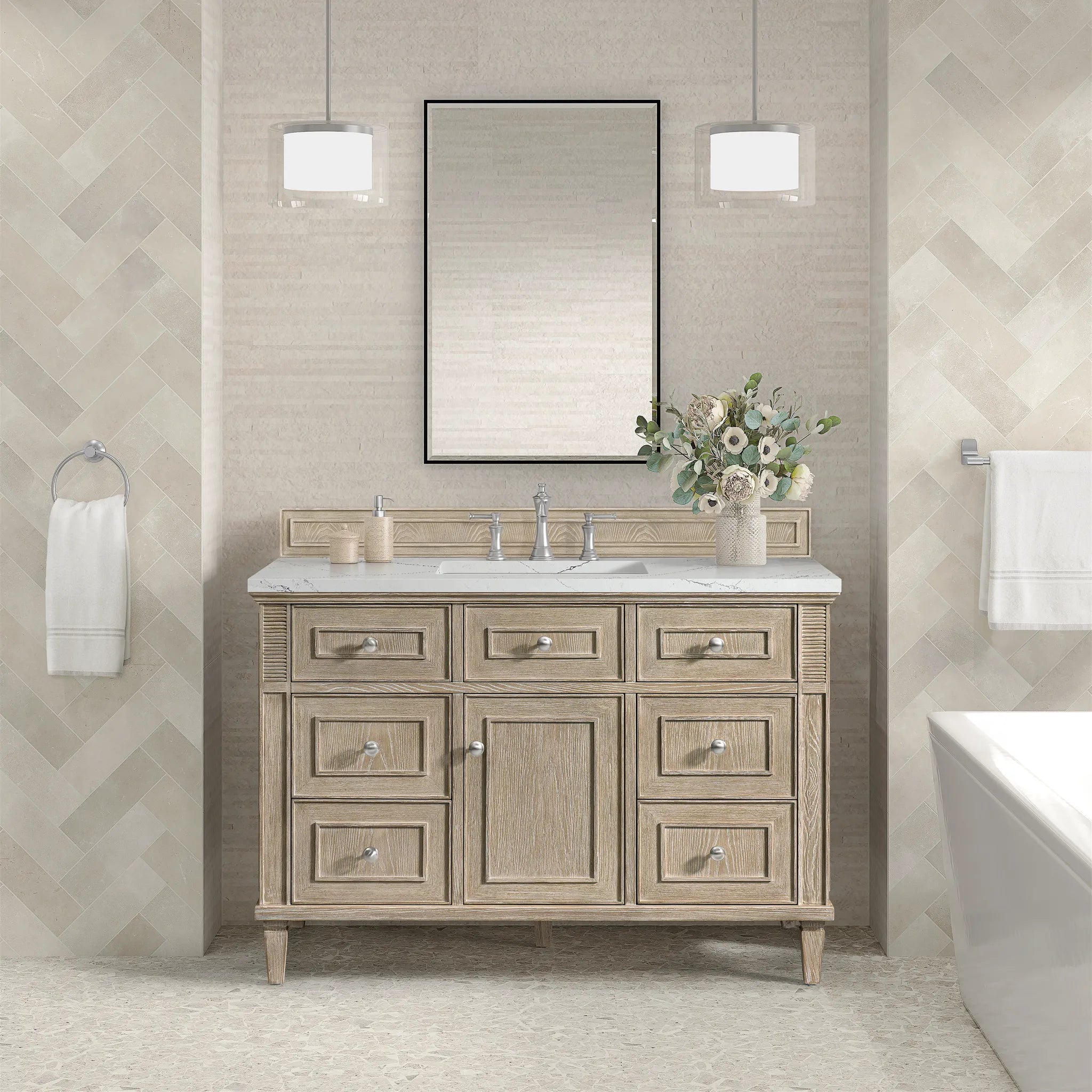 48" Lorelai Single Vanity in Whitewashed Oak w/FreePower Wireless Charger-Ethereal Noctis Silestone-8" Widespread image 5