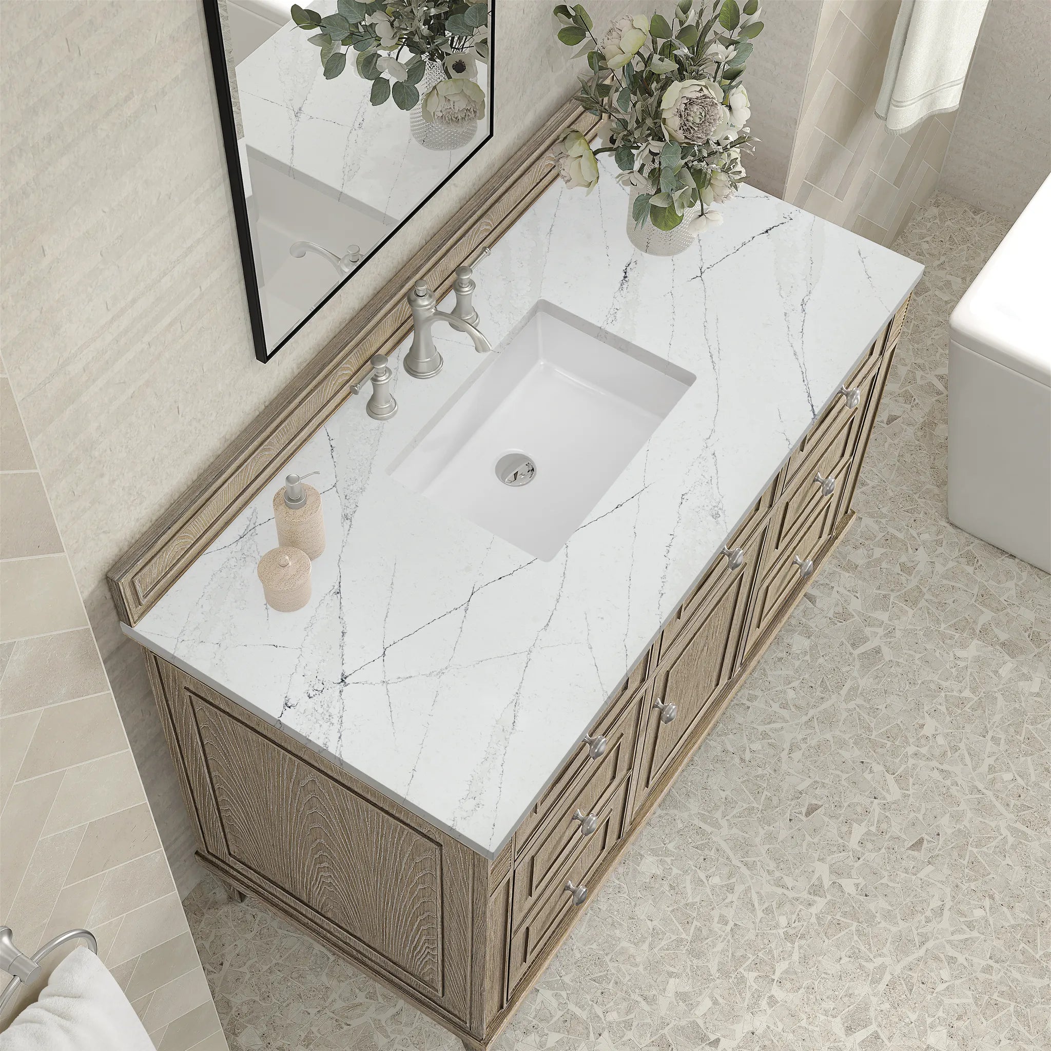 48" Lorelai Single Vanity in Whitewashed Oak w/FreePower Wireless Charger-Ethereal Noctis Silestone-8" Widespread image 9