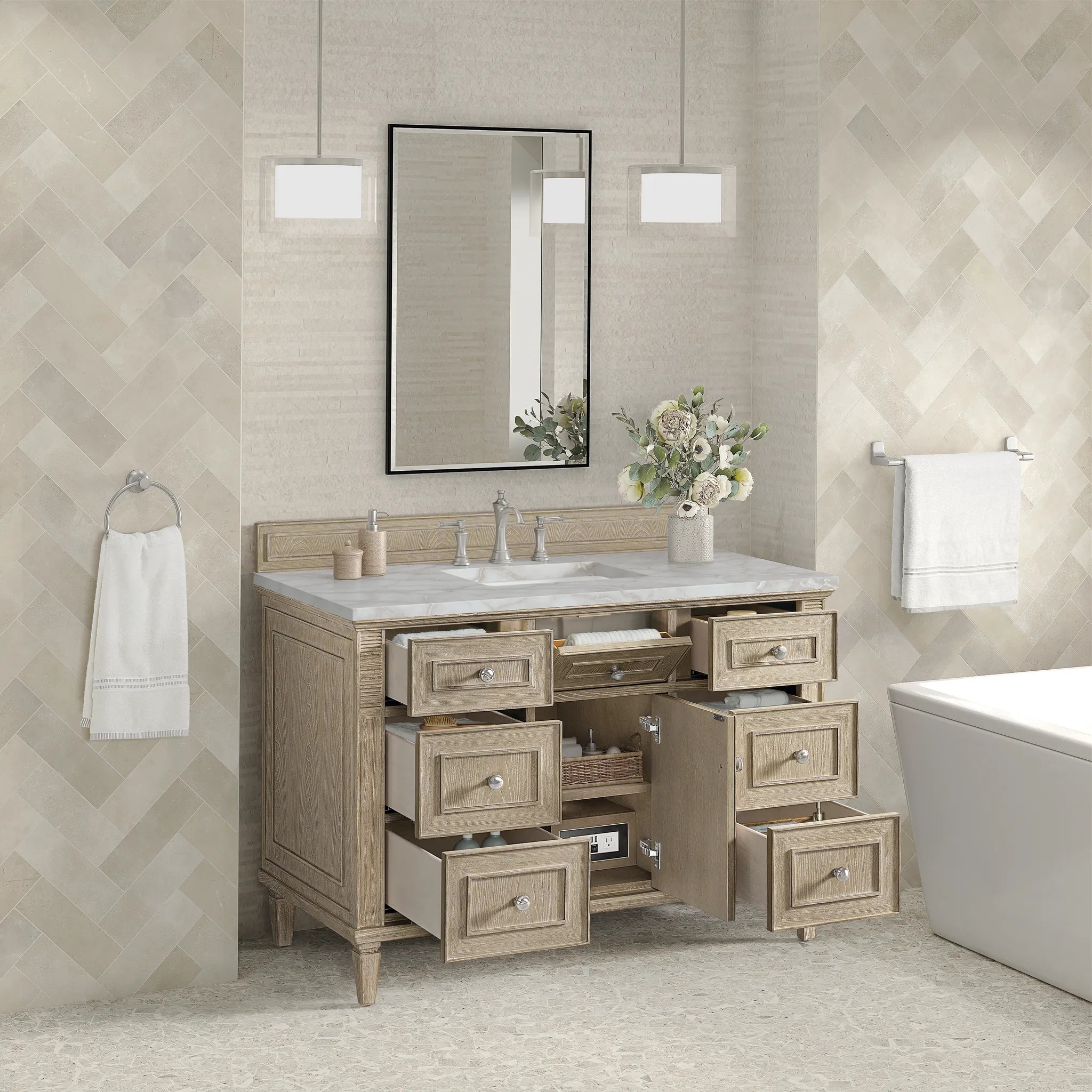 48" Lorelai Single Vanity in Whitewashed Oak w/FreePower Wireless Charger-Victorian Silver Silestone-8" Widespread image 7