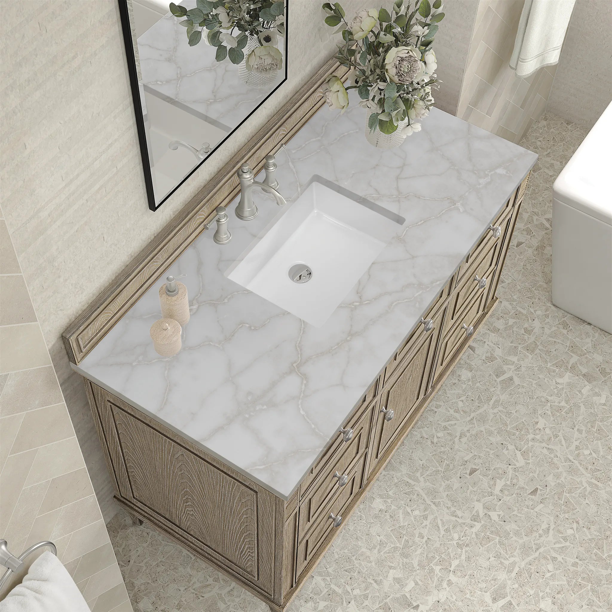 48" Lorelai Single Vanity in Whitewashed Oak w/FreePower Wireless Charger-Victorian Silver Silestone-8" Widespread image 9