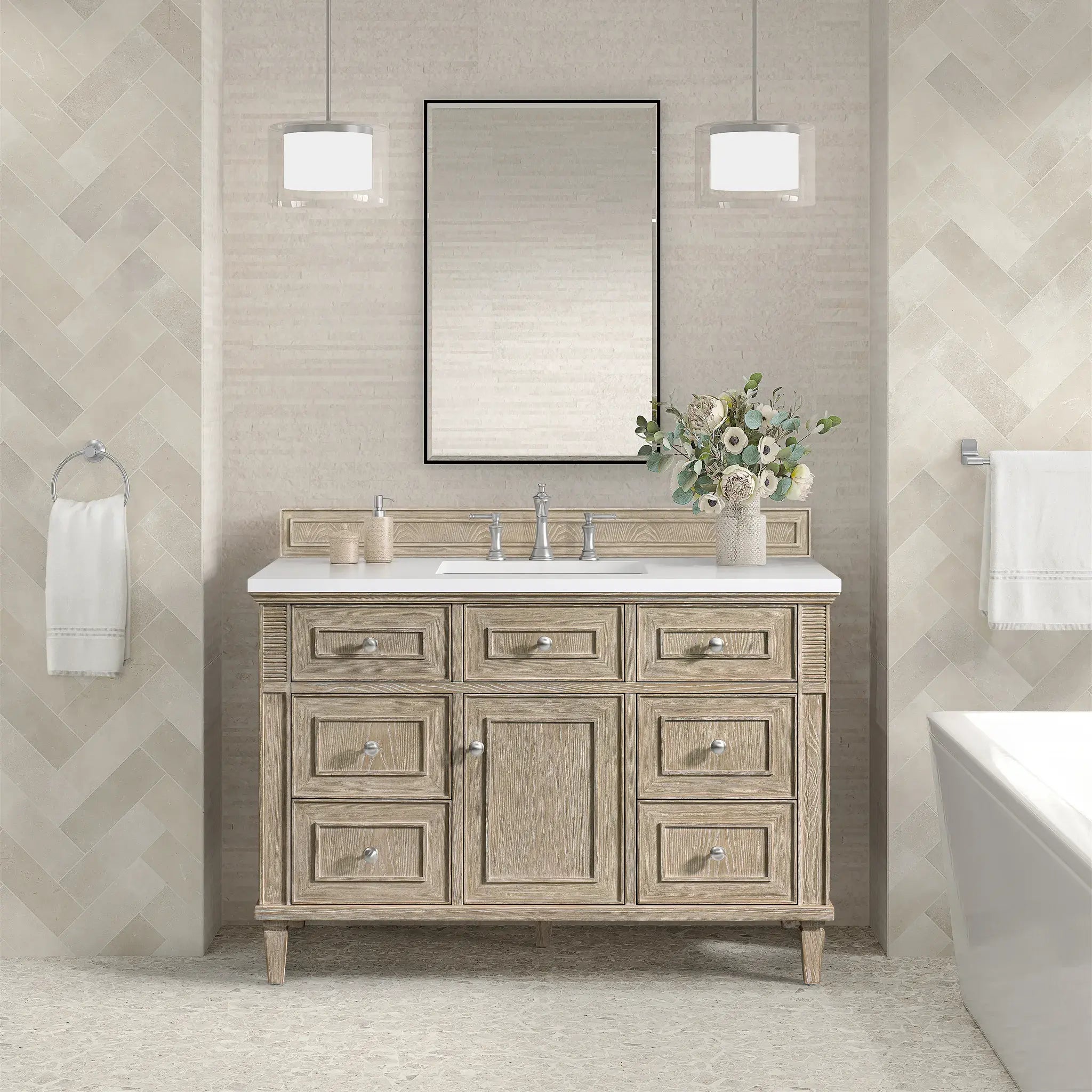 48" Lorelai Single Vanity in Whitewashed Oak-White Zeus Silestone-8" Widespread image 2