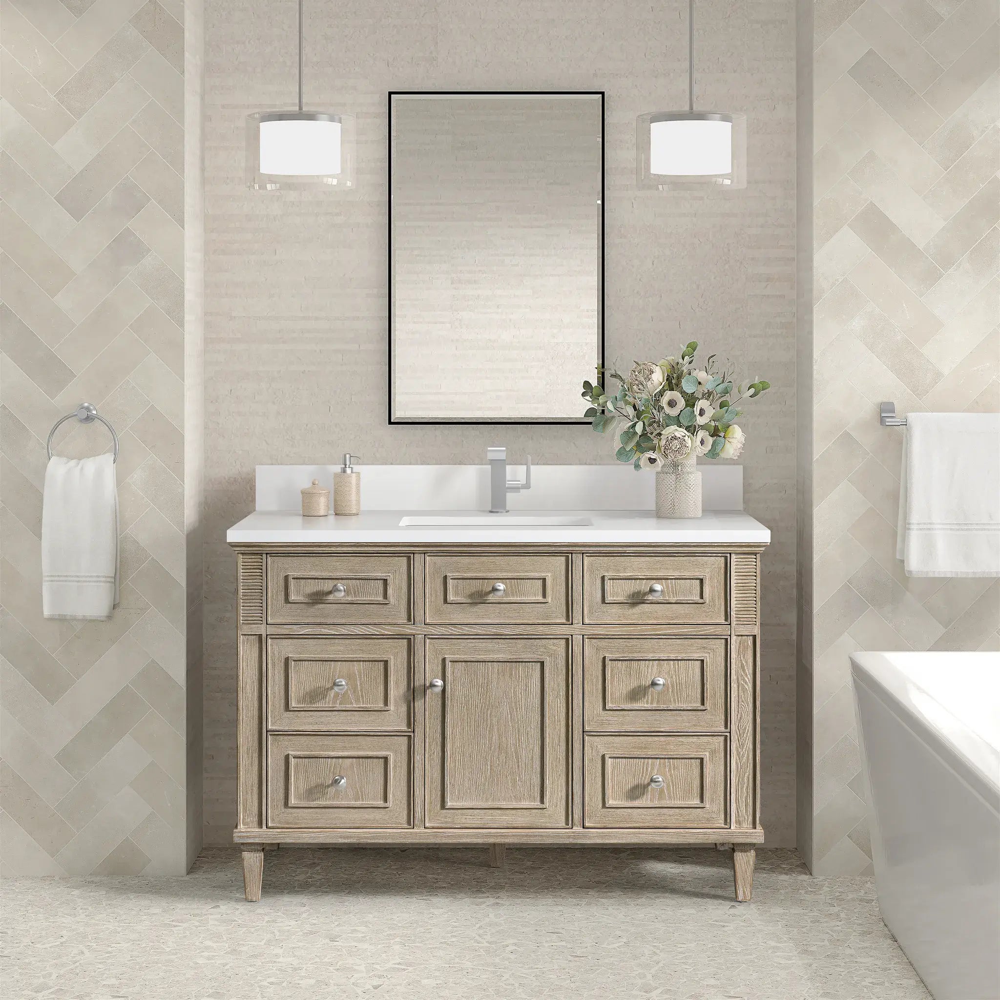 48" Lorelai Single Vanity in Whitewashed Oak-White Zeus Silestone & Backsplash-Single Hole image 1