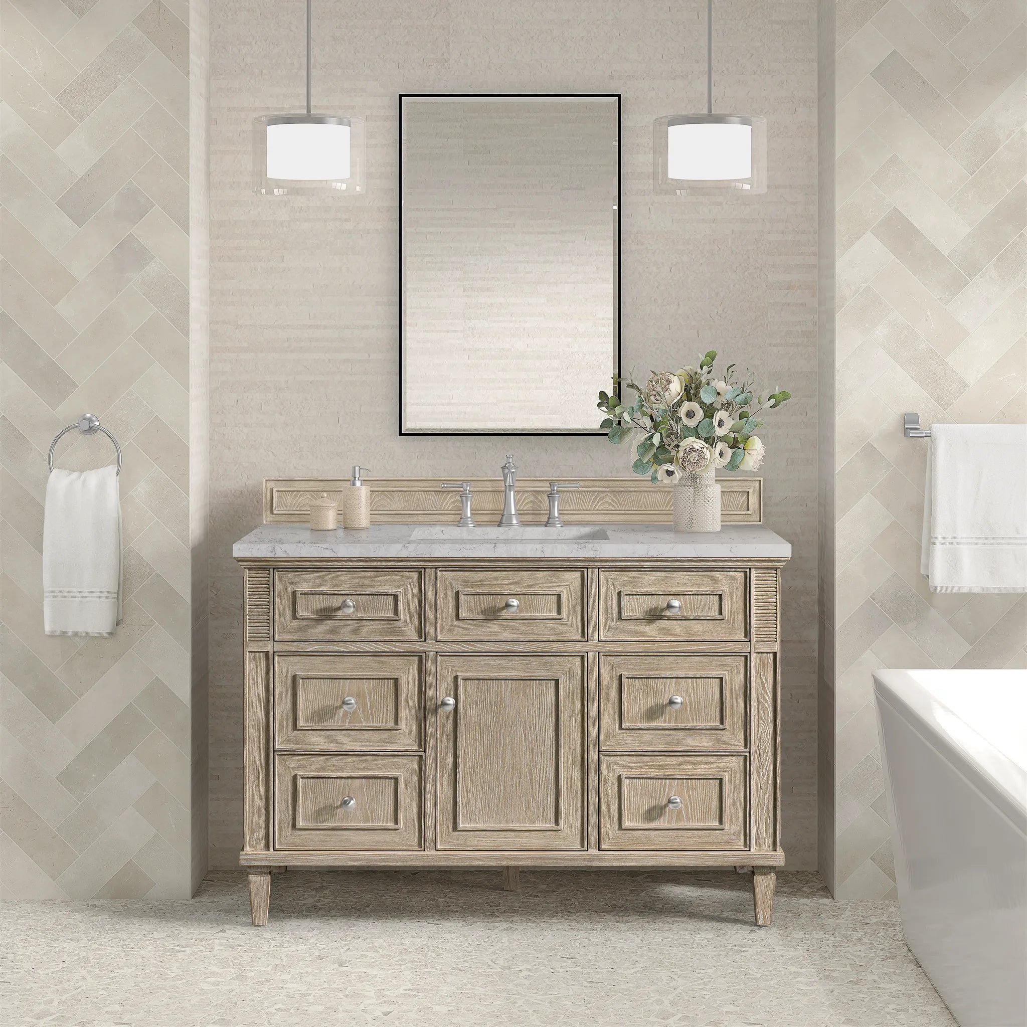 48" Lorelai Single Vanity in Whitewashed Oak Wireless Charger-Eternal Jasmine Pearl Silestone-8" Widespread image 5