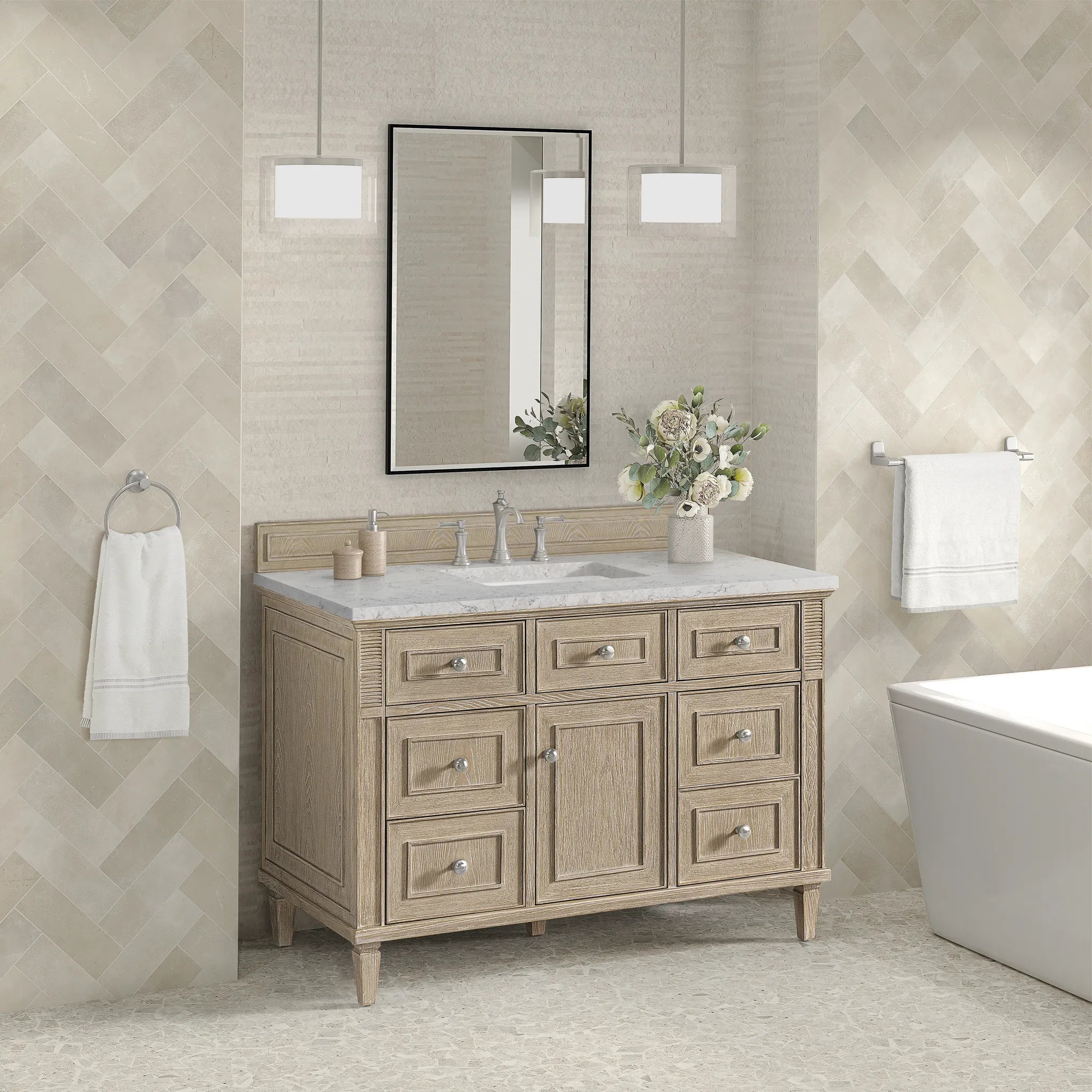 48" Lorelai Single Vanity in Whitewashed Oak Wireless Charger-Eternal Jasmine Pearl Silestone-8" Widespread image 6