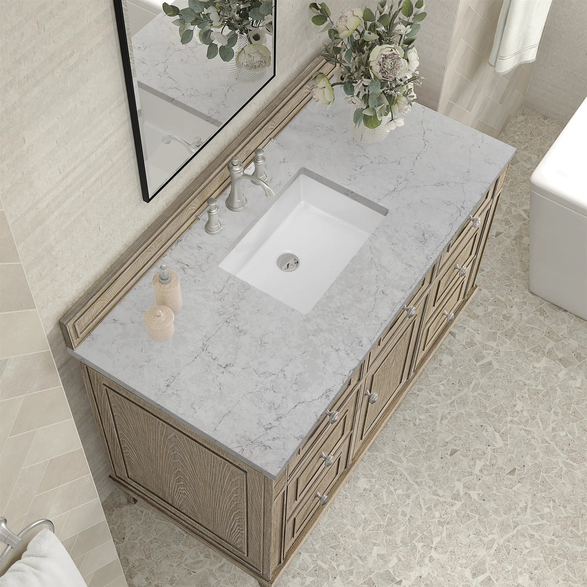 48" Lorelai Single Vanity in Whitewashed Oak Wireless Charger-Eternal Jasmine Pearl Silestone-8" Widespread image 9
