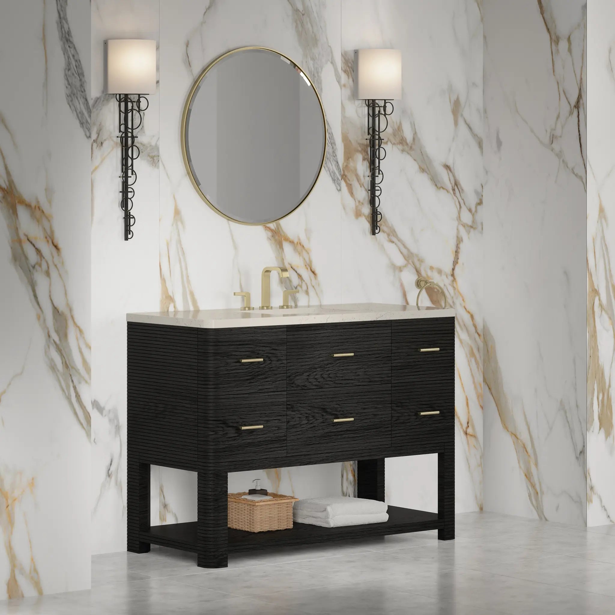 48 Lucian Single Vanity In Carbon Oak Power Enabled Siberian Silestone 8 Widespread 5