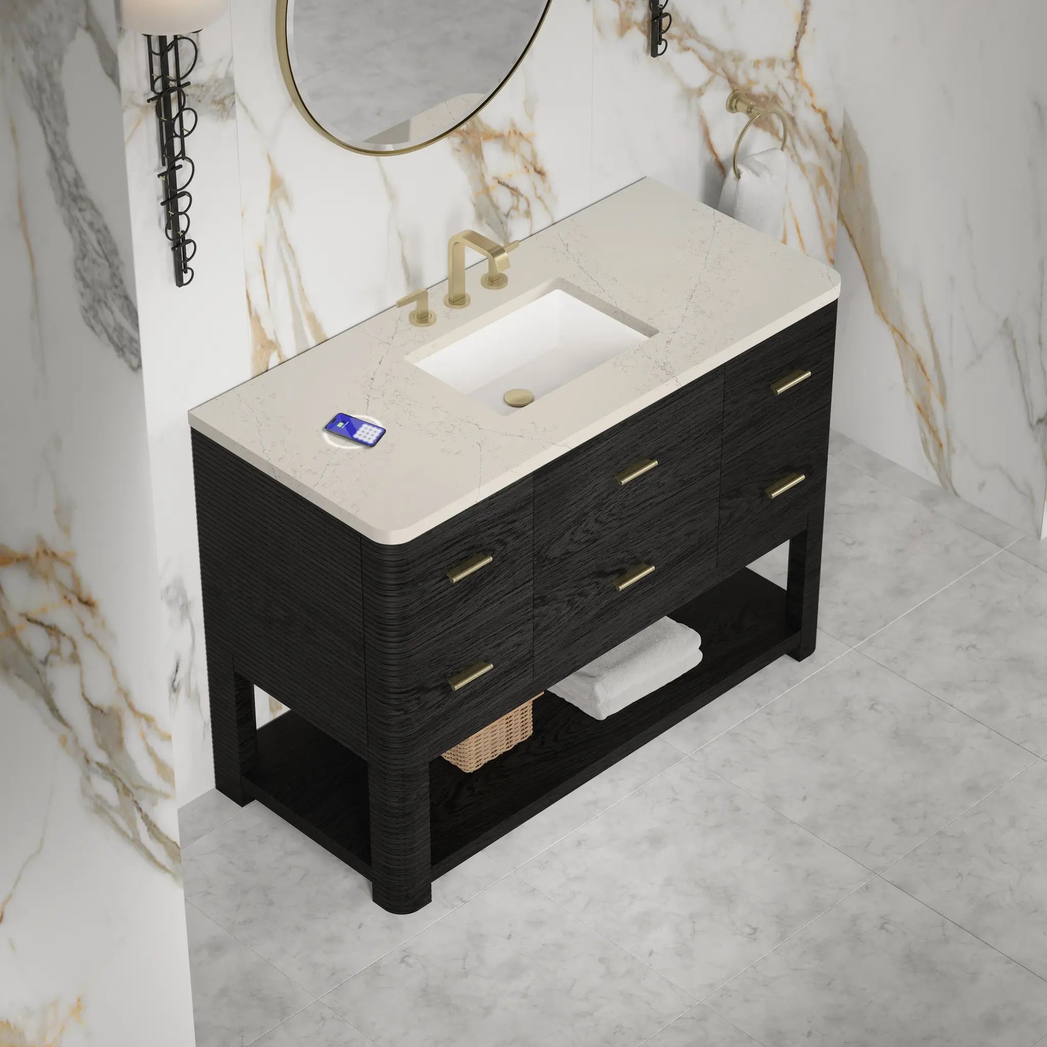 48 Lucian Single Vanity In Carbon Oak Power Enabled Siberian Silestone 8 Widespread 7