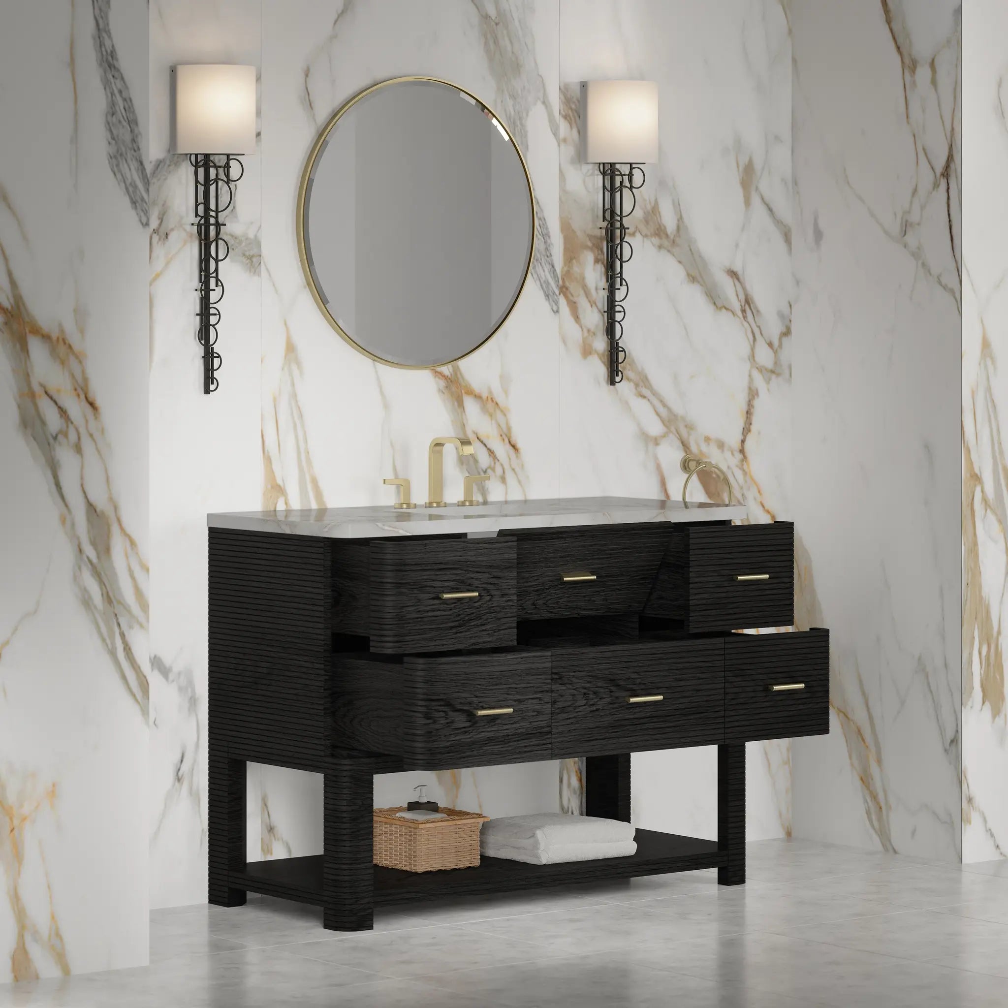 48 Lucian Single Vanity In Carbon Oak Power Enabled Victorian Silver Silestone 8 Widespread 7