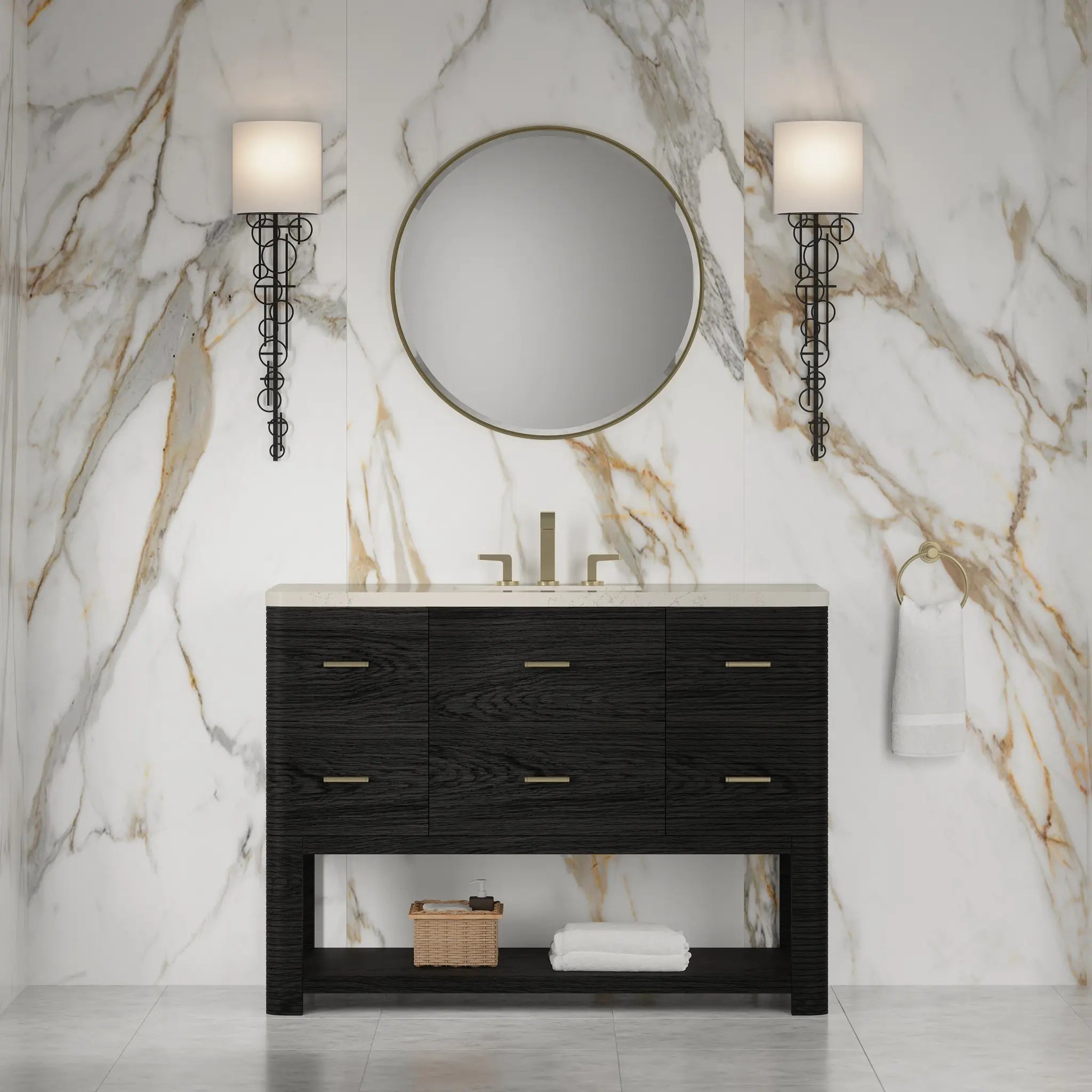 48 Lucian Single Vanity In Carbon Oak Standard Siberian Silestone 8 Widespread 2