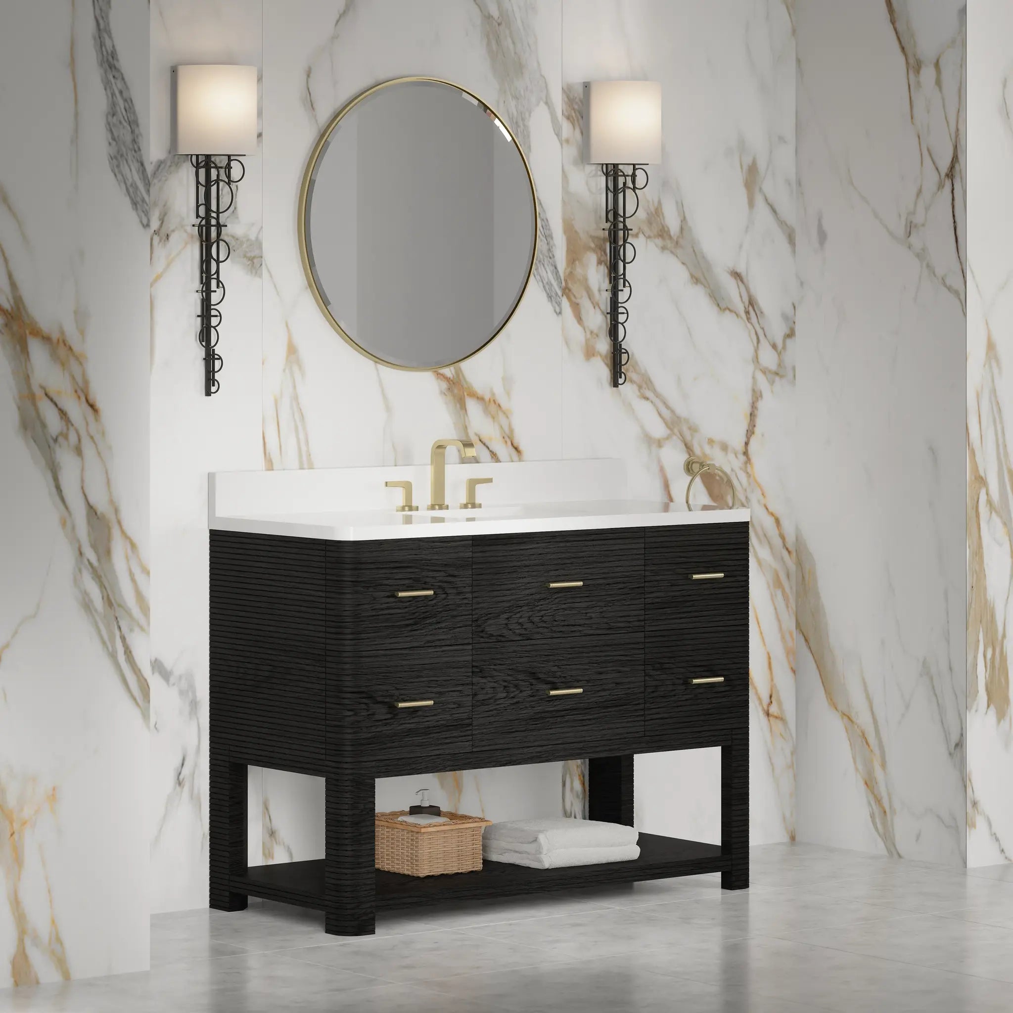 48 Lucian Single Vanity In Carbon Oak Standard White Zeus Silestone 8 Widespread 5