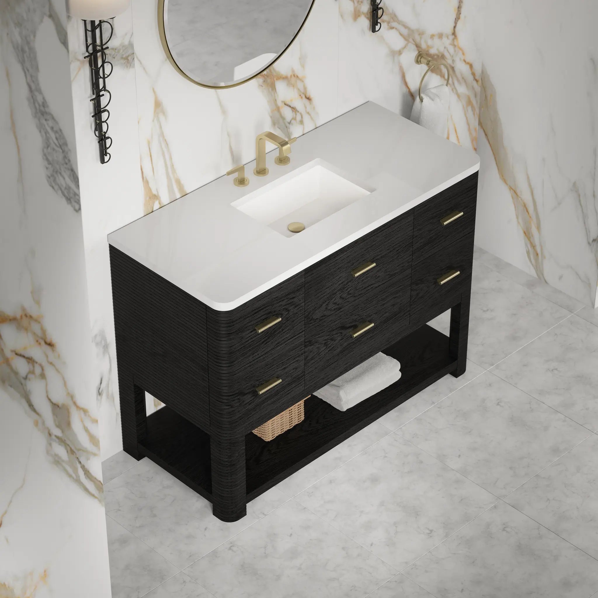 48 Lucian Single Vanity In Carbon Oak Standard White Zeus Silestone 8 Widespread 8