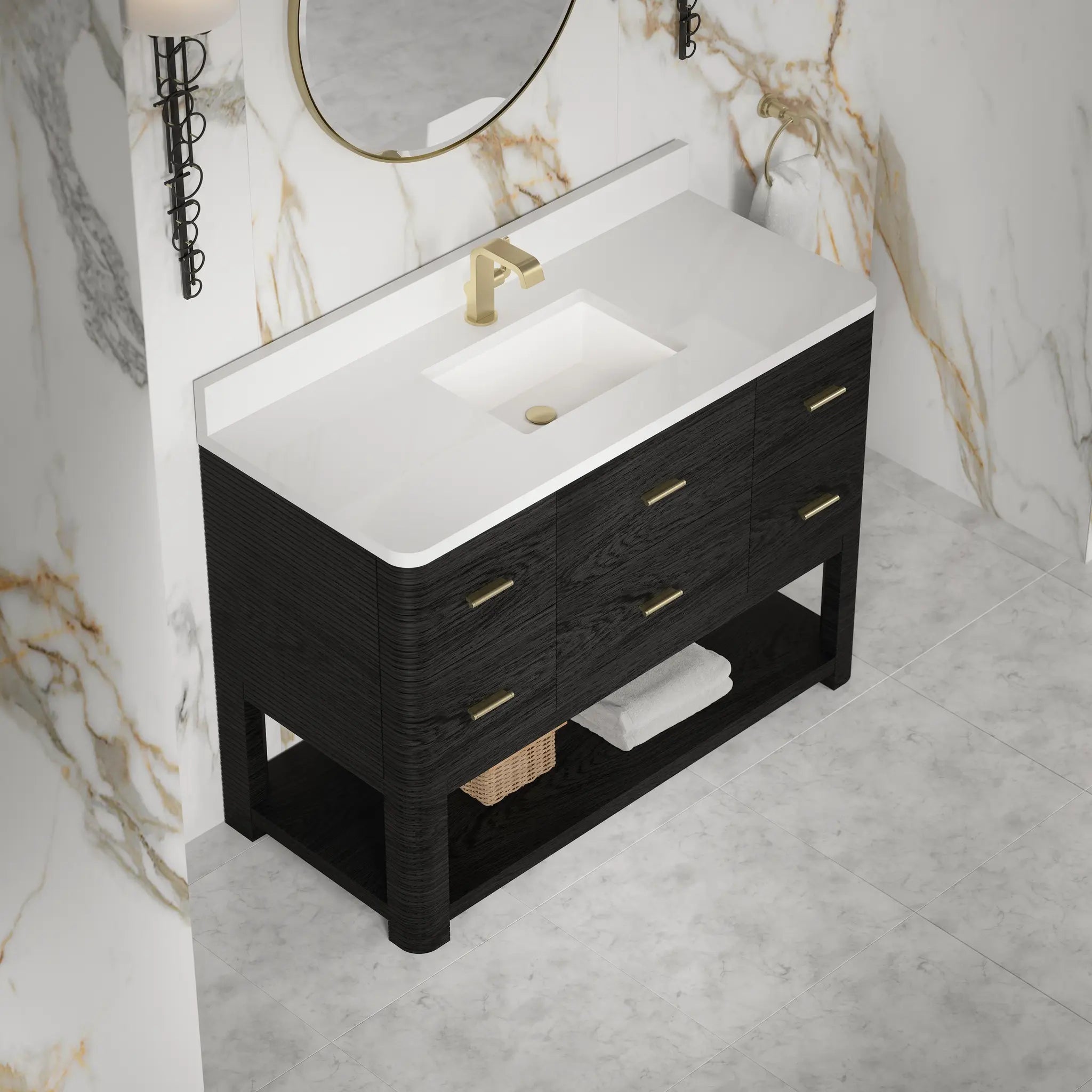 48 Lucian Single Vanity In Carbon Oak Standard White Zeus Silestone Single Hole 10