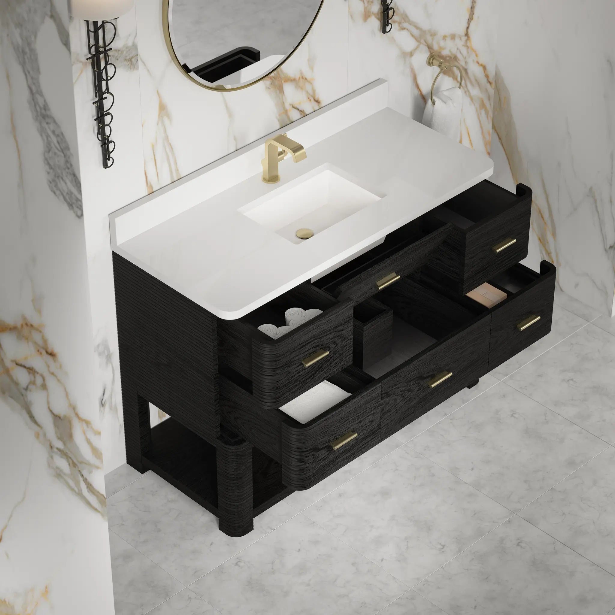 48 Lucian Single Vanity In Carbon Oak Standard White Zeus Silestone Single Hole 11