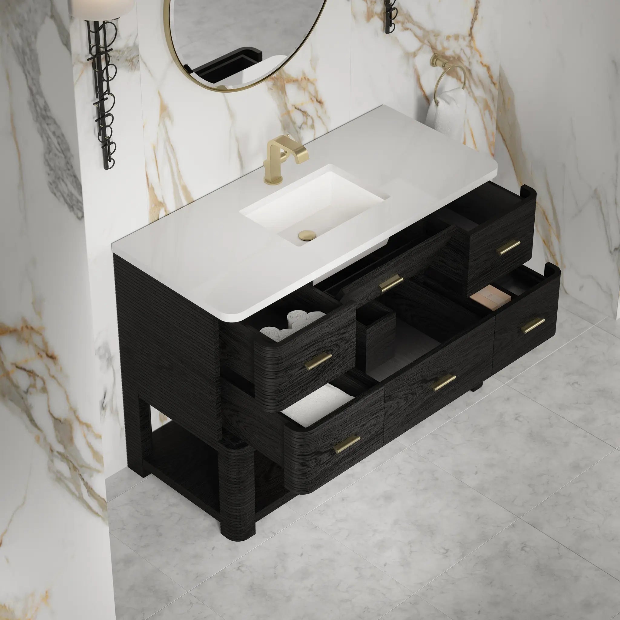 48 Lucian Single Vanity In Carbon Oak Standard White Zeus Silestone Single Hole 12