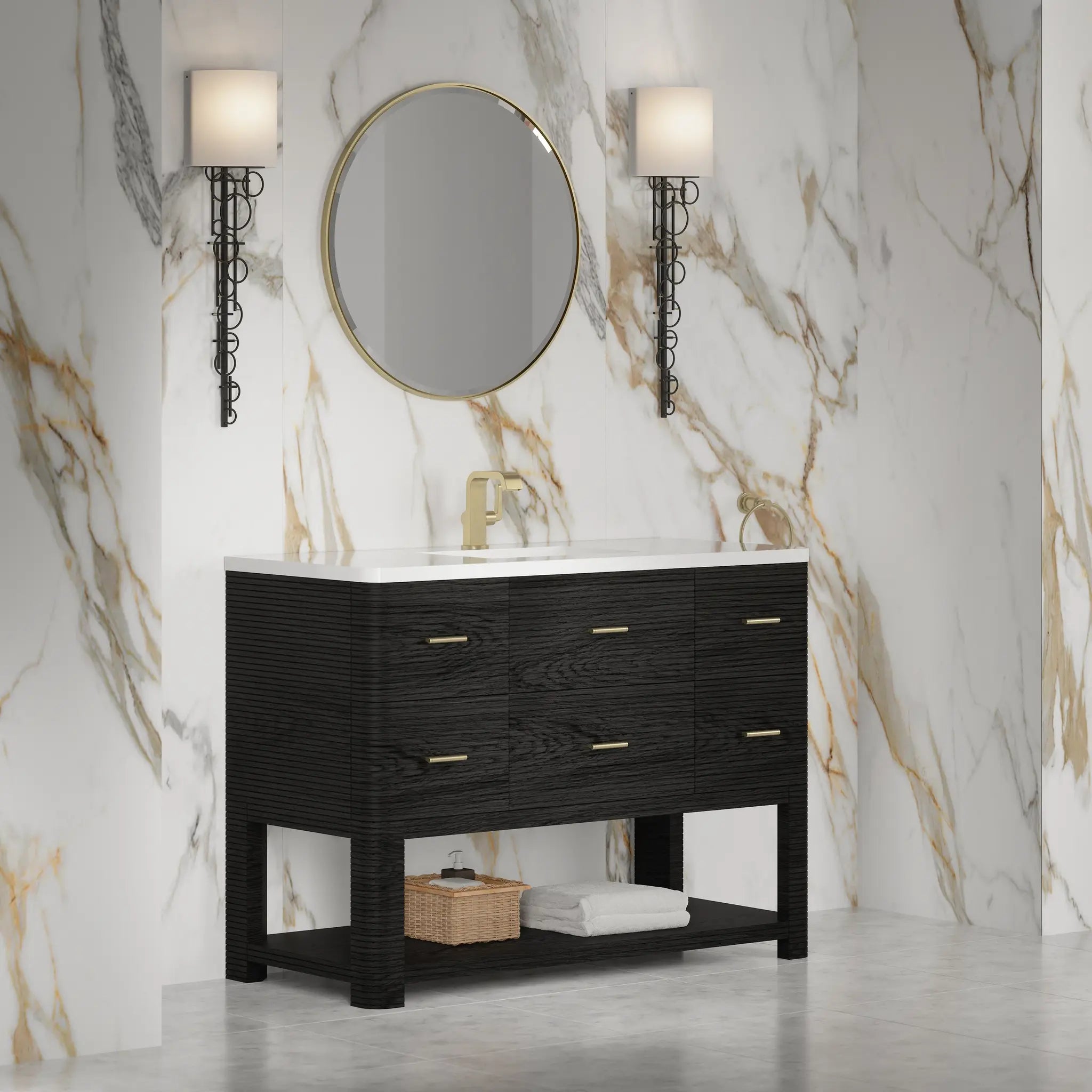 48 Lucian Single Vanity In Carbon Oak Standard White Zeus Silestone Single Hole 5