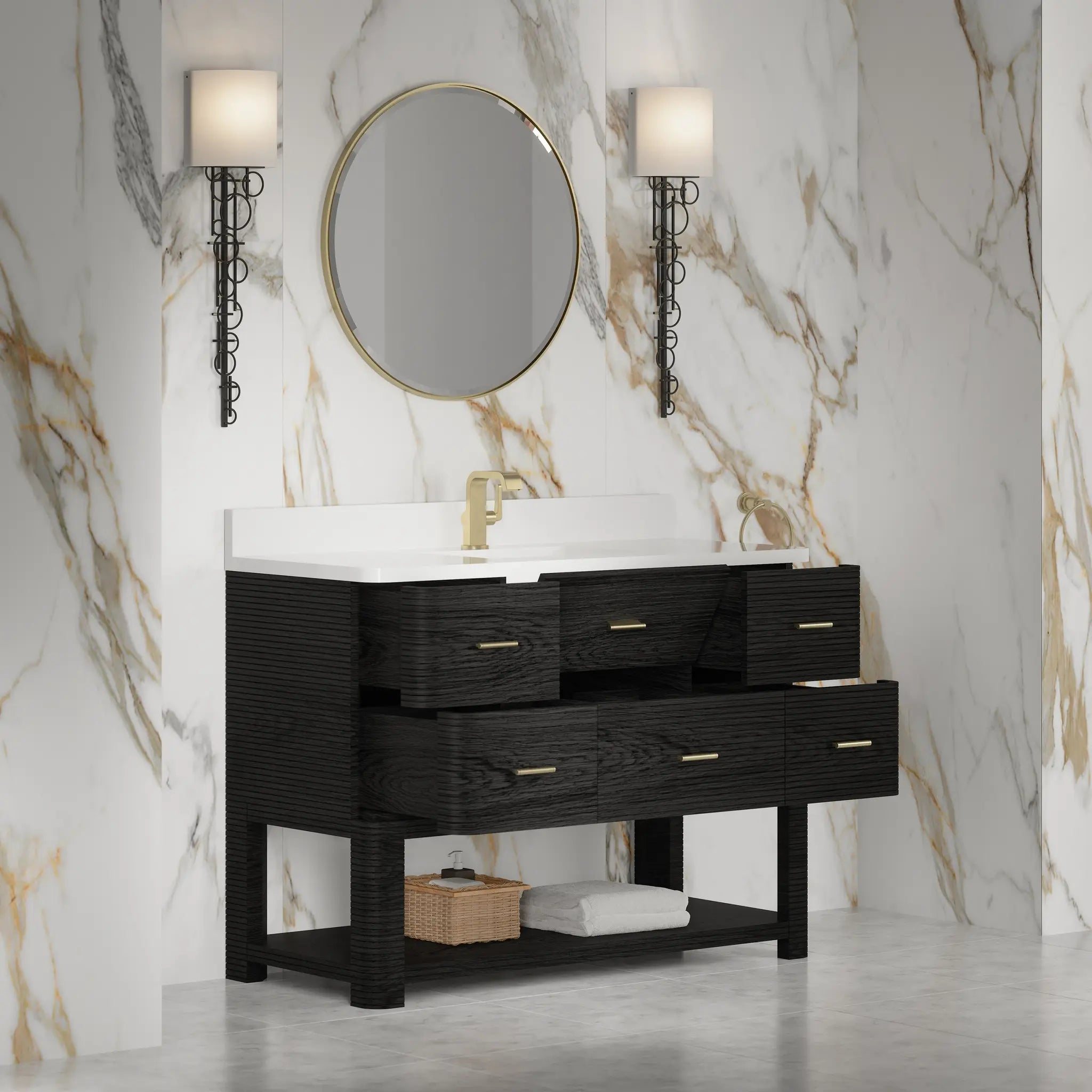 48 Lucian Single Vanity In Carbon Oak Standard White Zeus Silestone Single Hole 7