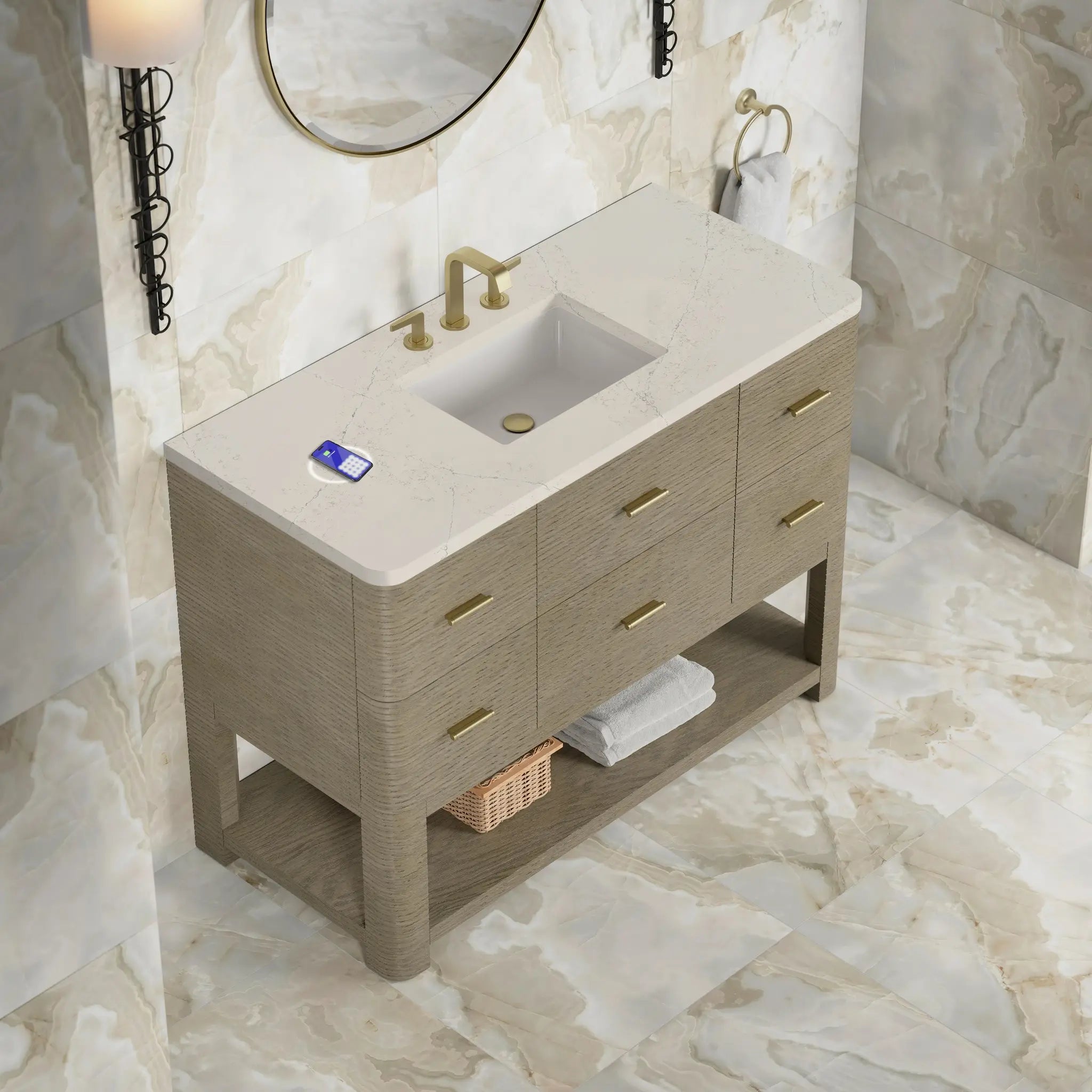 48 Lucian Single Vanity In Pebble Oak Power Enabled Siberian Silestone 8 Widespread 7