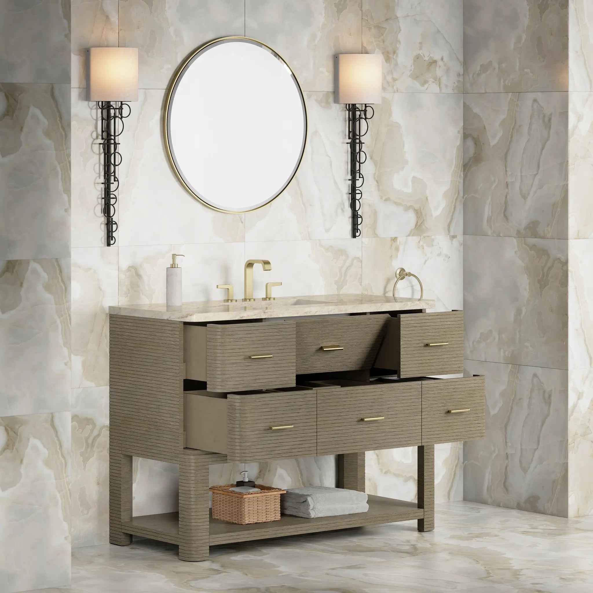 48 Lucian Single Vanity In Pebble Oak Standard Tajnar Eclos 8 Widespread 4