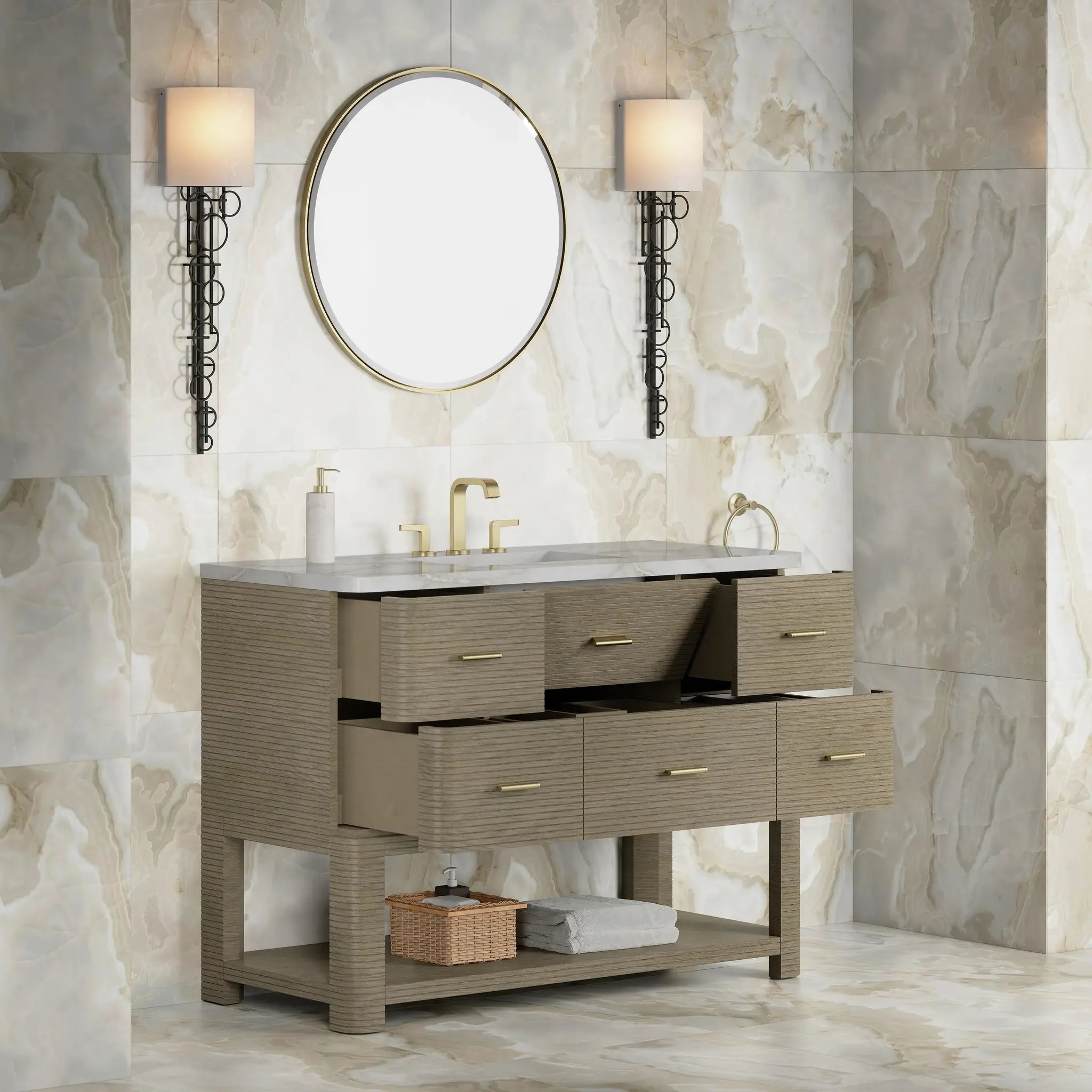 48 Lucian Single Vanity In Pebble Oak Standard Victorian Silver Silestone 8 Widespread 4