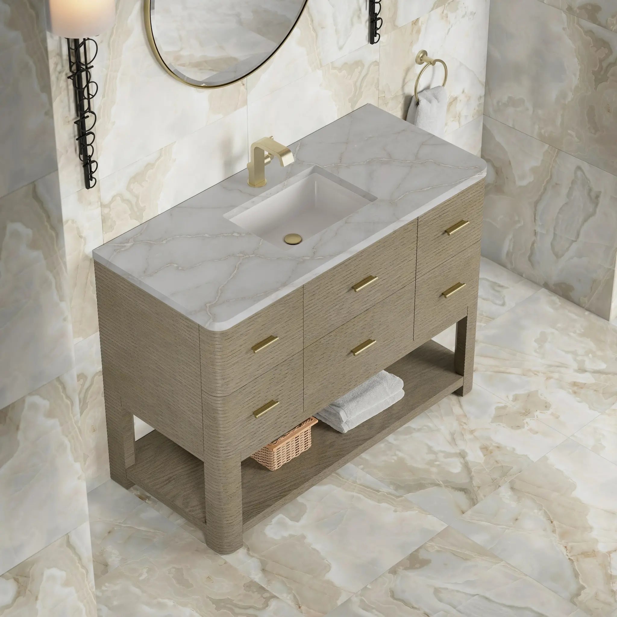 48 Lucian Single Vanity In Pebble Oak Standard Victorian Silver Silestone Single Hole 6