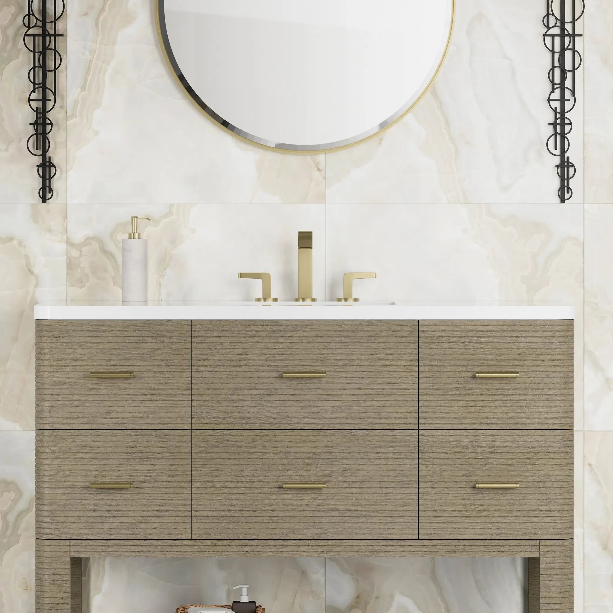 48 Lucian Single Vanity In Pebble Oak Standard White Zeus Silestone 8 Widespread 2