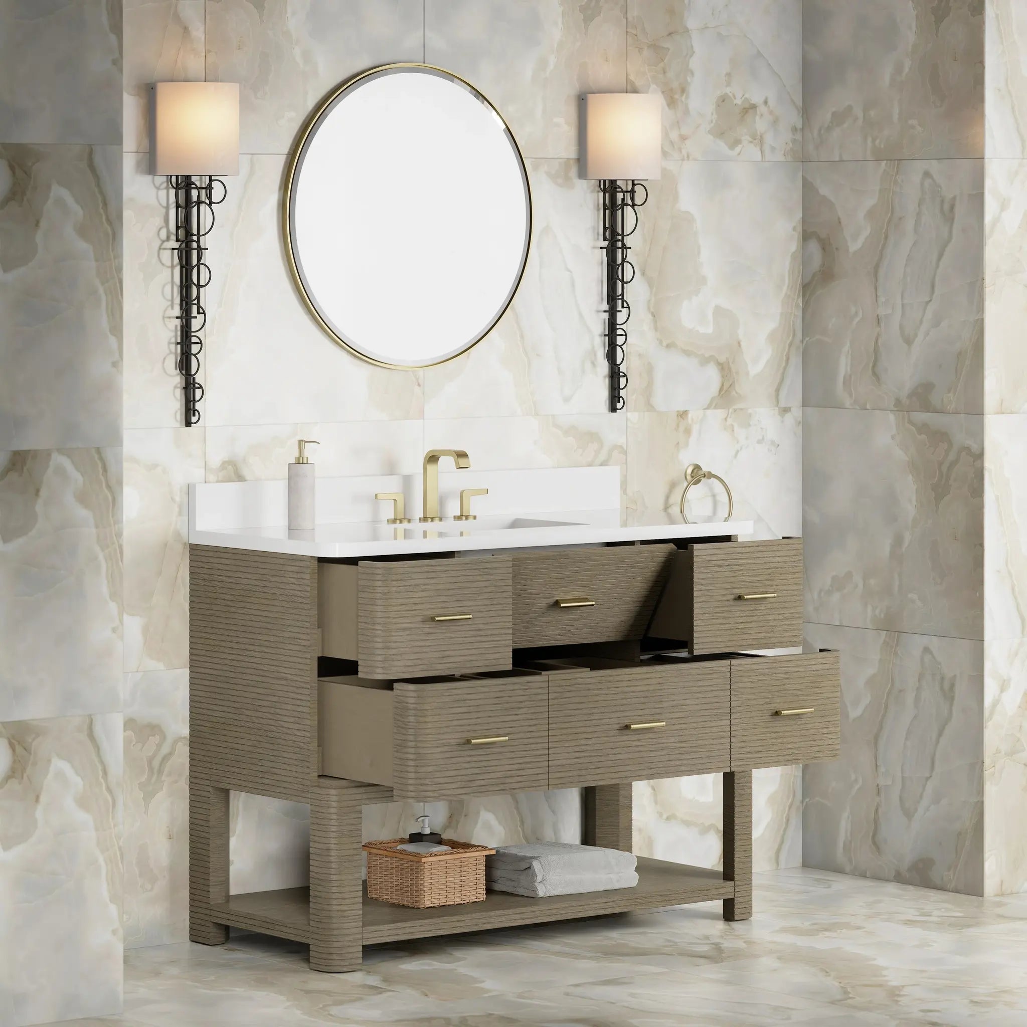 48 Lucian Single Vanity In Pebble Oak Standard White Zeus Silestone 8 Widespread 7