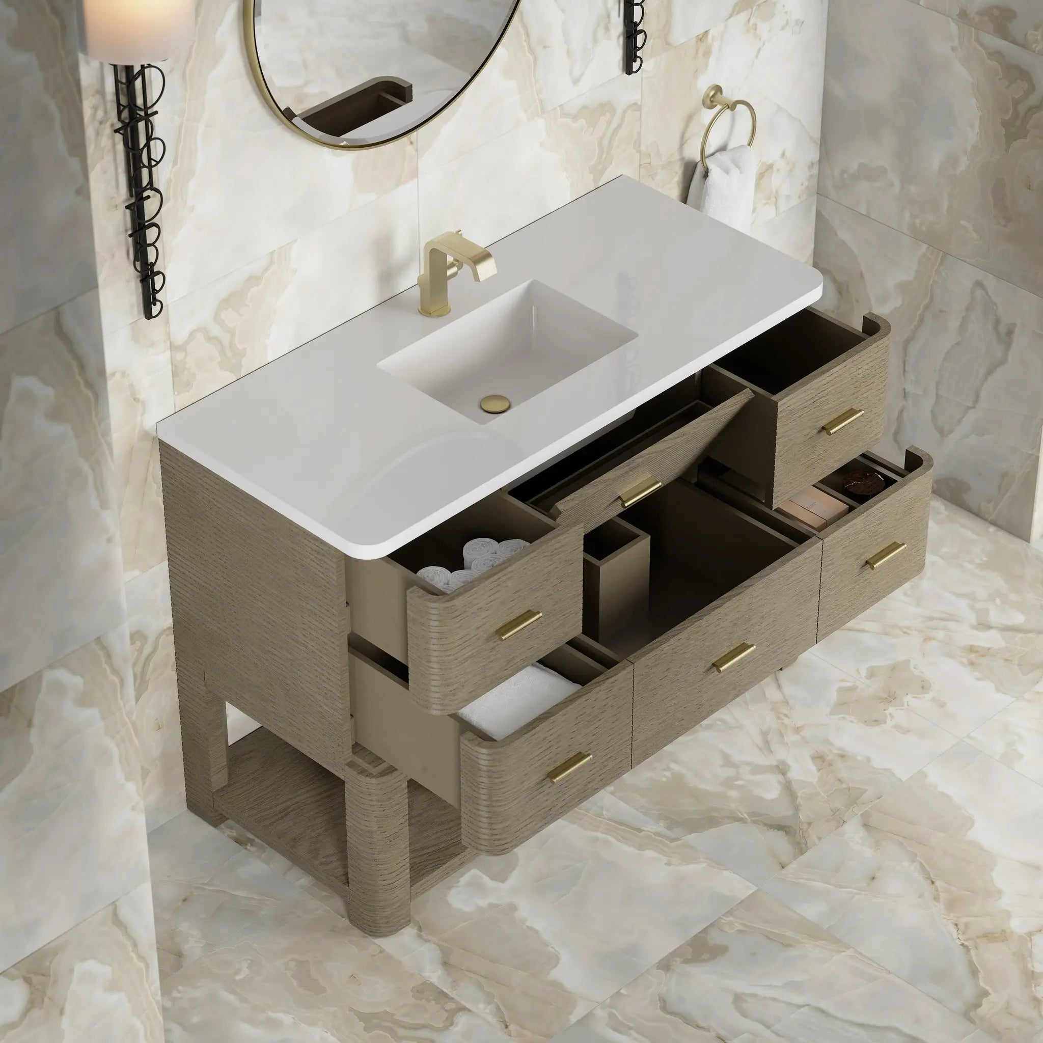48 Lucian Single Vanity In Pebble Oak Standard White Zeus Silestone Single Hole 11