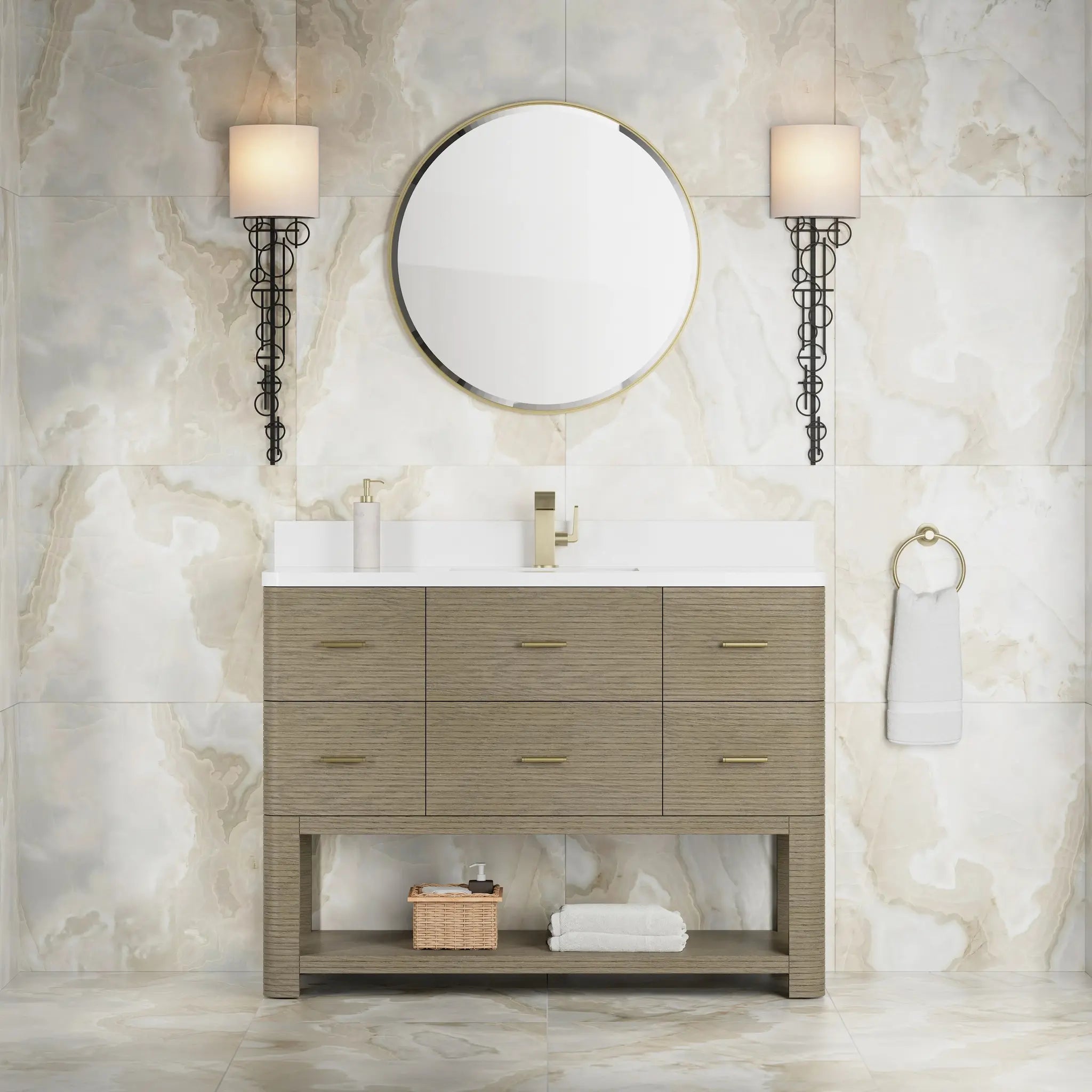 48 Lucian Single Vanity In Pebble Oak Standard White Zeus Silestone Single Hole 2