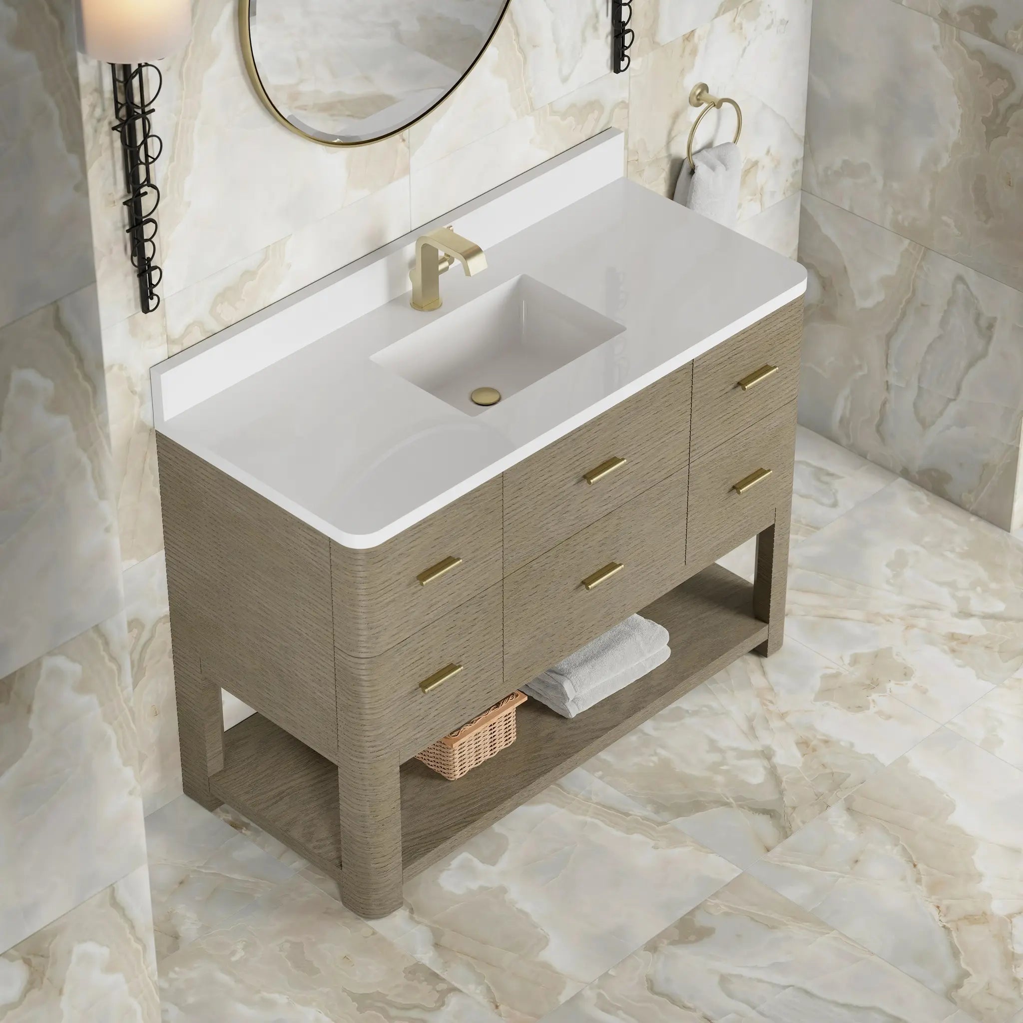 48 Lucian Single Vanity In Pebble Oak Standard White Zeus Silestone Single Hole 9