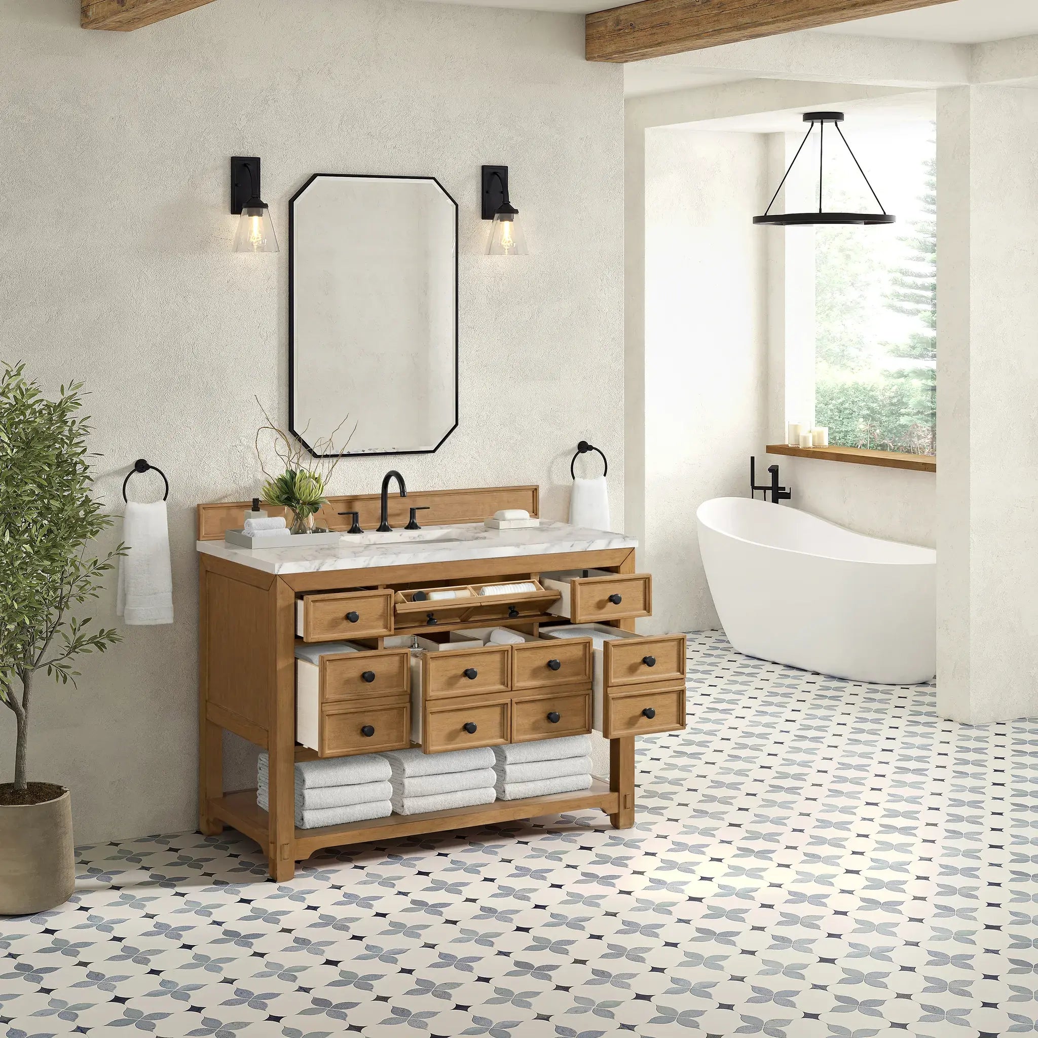 48" Malibu Single Vanity in Amber Birch-Carrara White Marble-8" Widespread image 4
