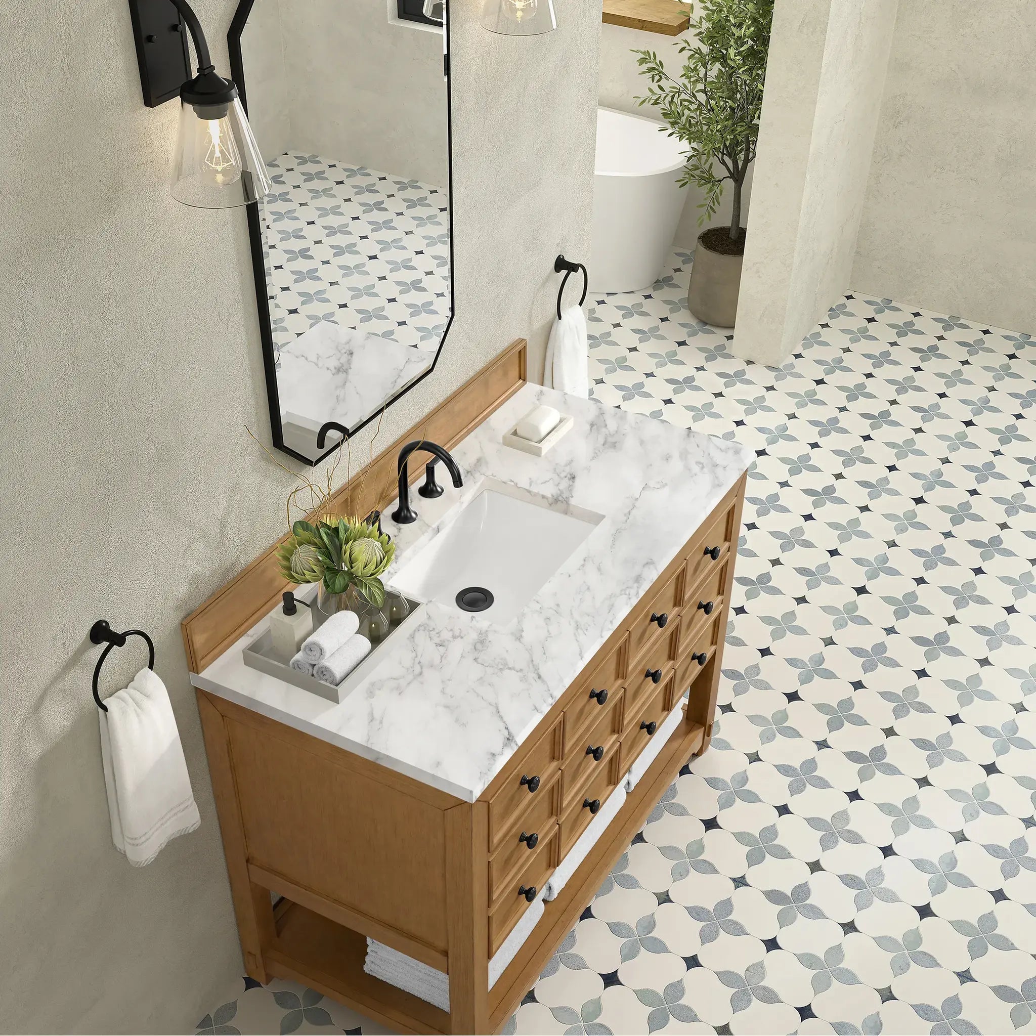 48" Malibu Single Vanity in Amber Birch-Carrara White Marble-8" Widespread image 6