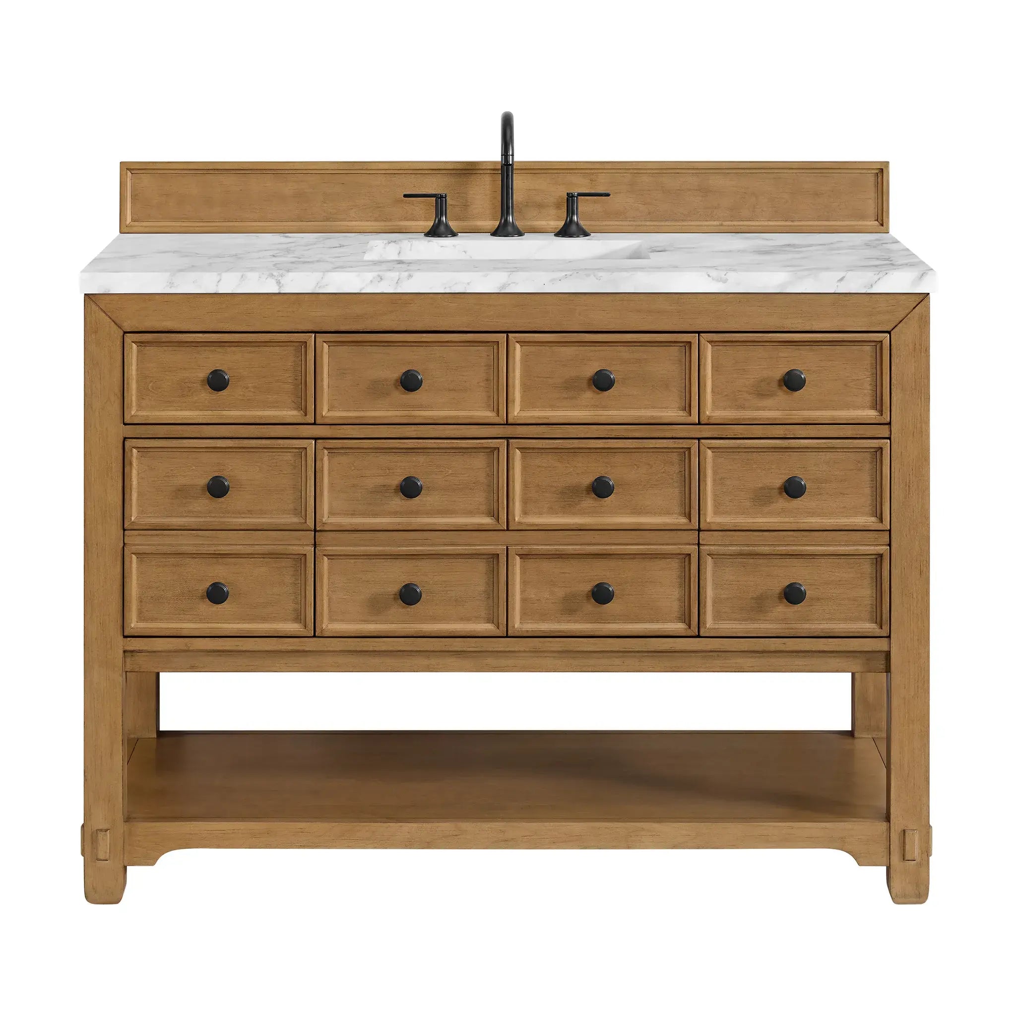 48" Malibu Single Vanity in Amber Birch-Carrara White Marble-8" Widespread image