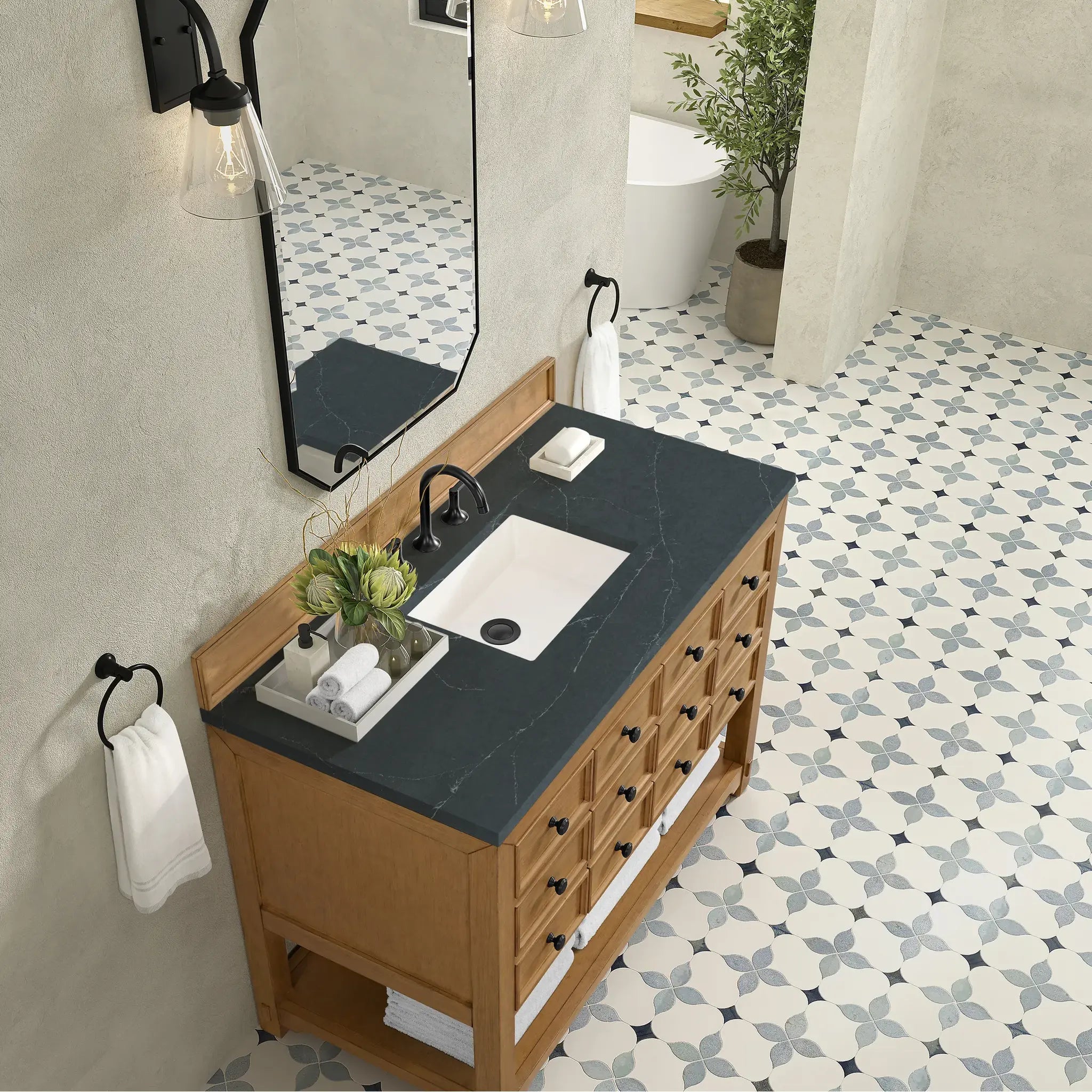 48" Malibu Single Vanity in Amber Birch-Charcoal Soapstone Silestone-8" Widespread image 6