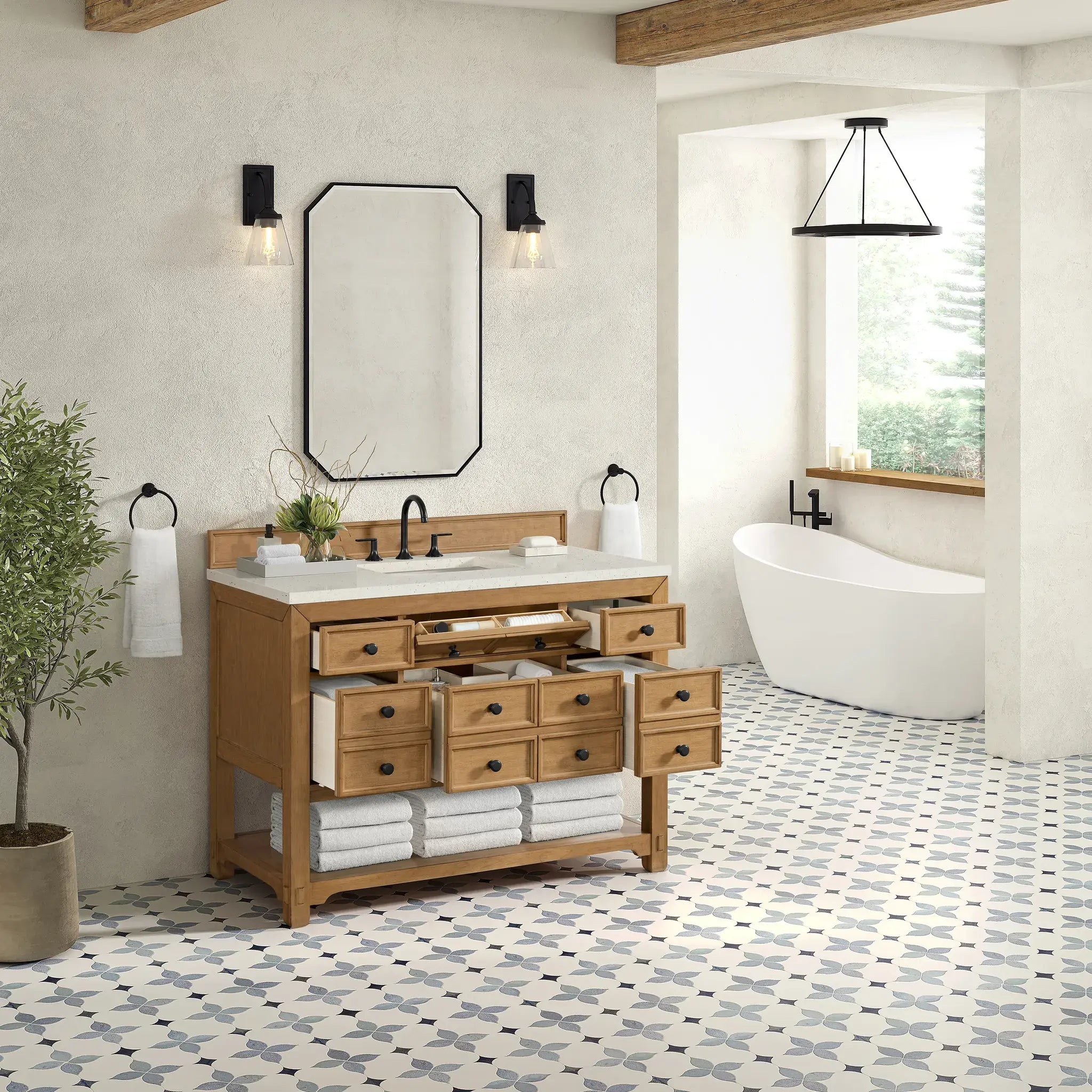 48" Malibu Single Vanity in Amber Birch-Lime Delight Silestone-8" Widespread image 4