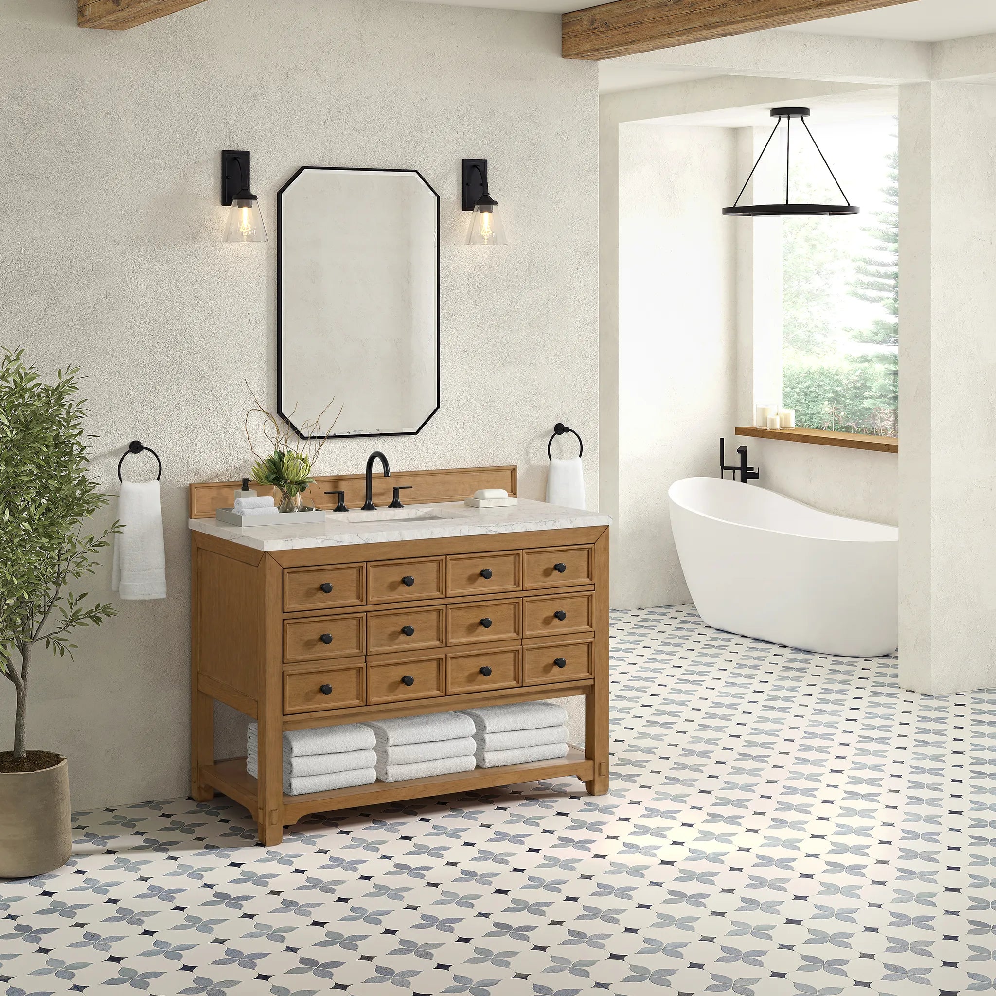 48" Malibu Single Vanity in Amber Birch w/FreePower Wireless Charger-Eternal Jasmine Pearl Silestone-8" Widespread image 5