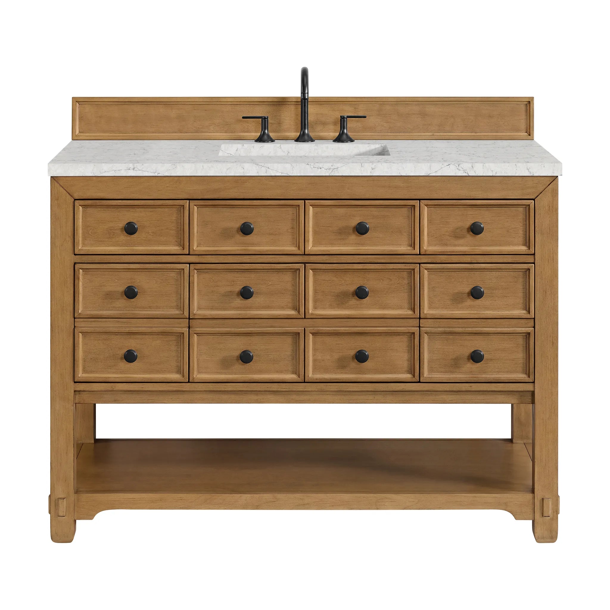 48" Malibu Single Vanity in Amber Birch w/FreePower Wireless Charger-Eternal Jasmine Pearl Silestone-8" Widespread image