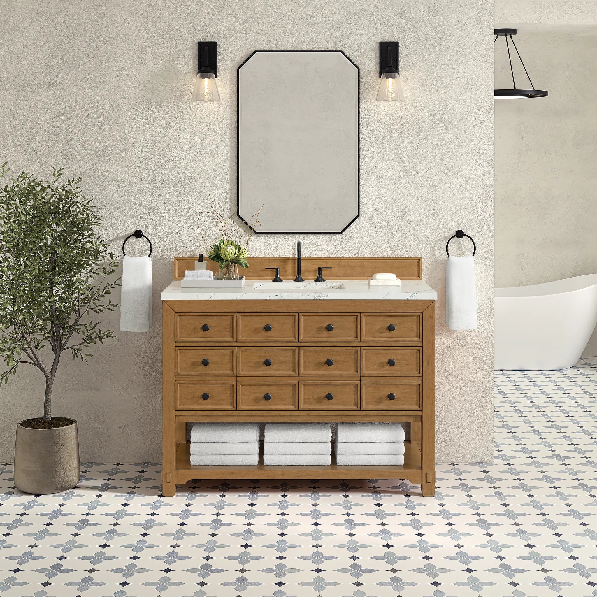 48" Malibu Single Vanity in Amber Birch w/FreePower Wireless Charger-Ethereal Noctis Silestone-8" Widespread image 4