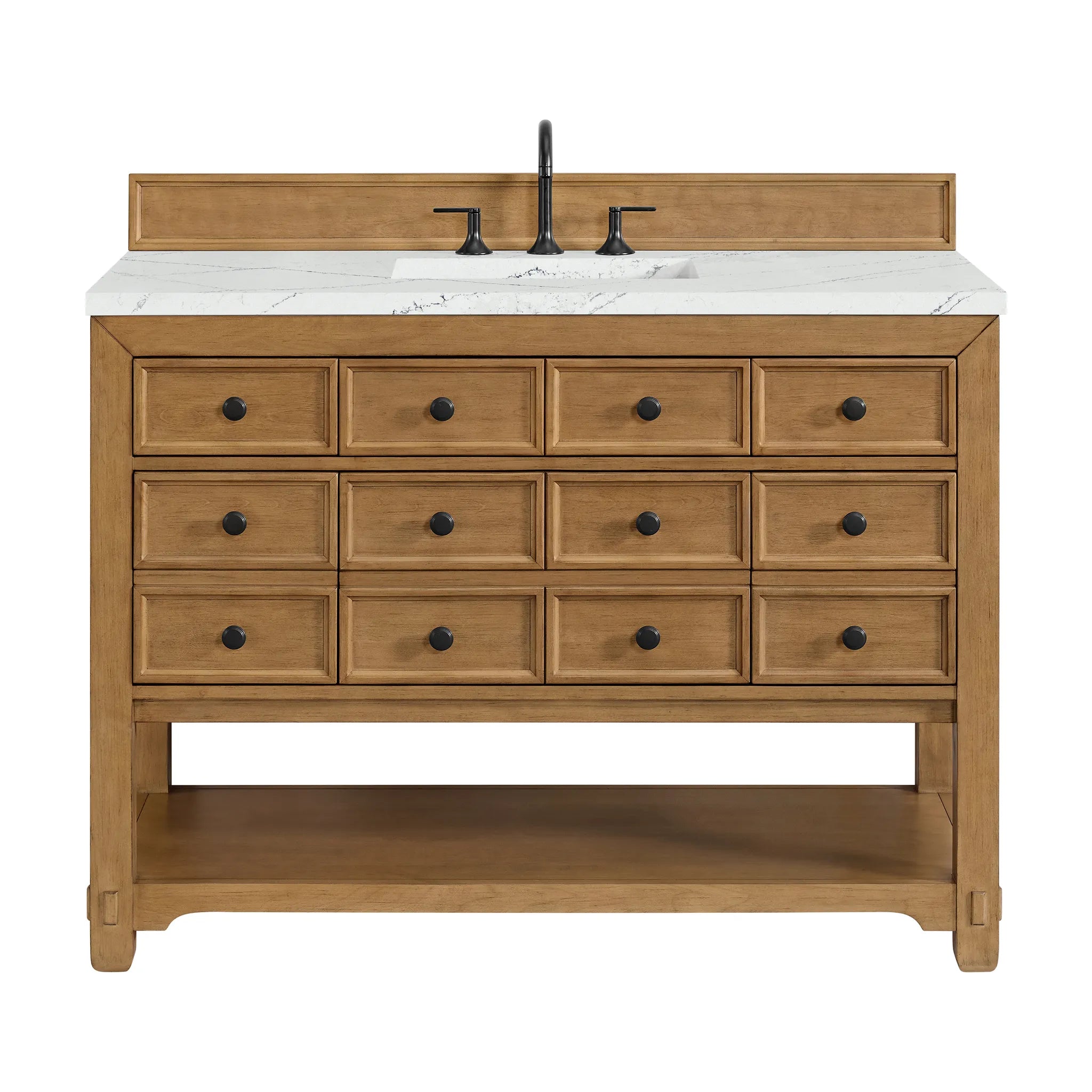 48" Malibu Single Vanity in Amber Birch w/FreePower Wireless Charger-Ethereal Noctis Silestone-8" Widespread image