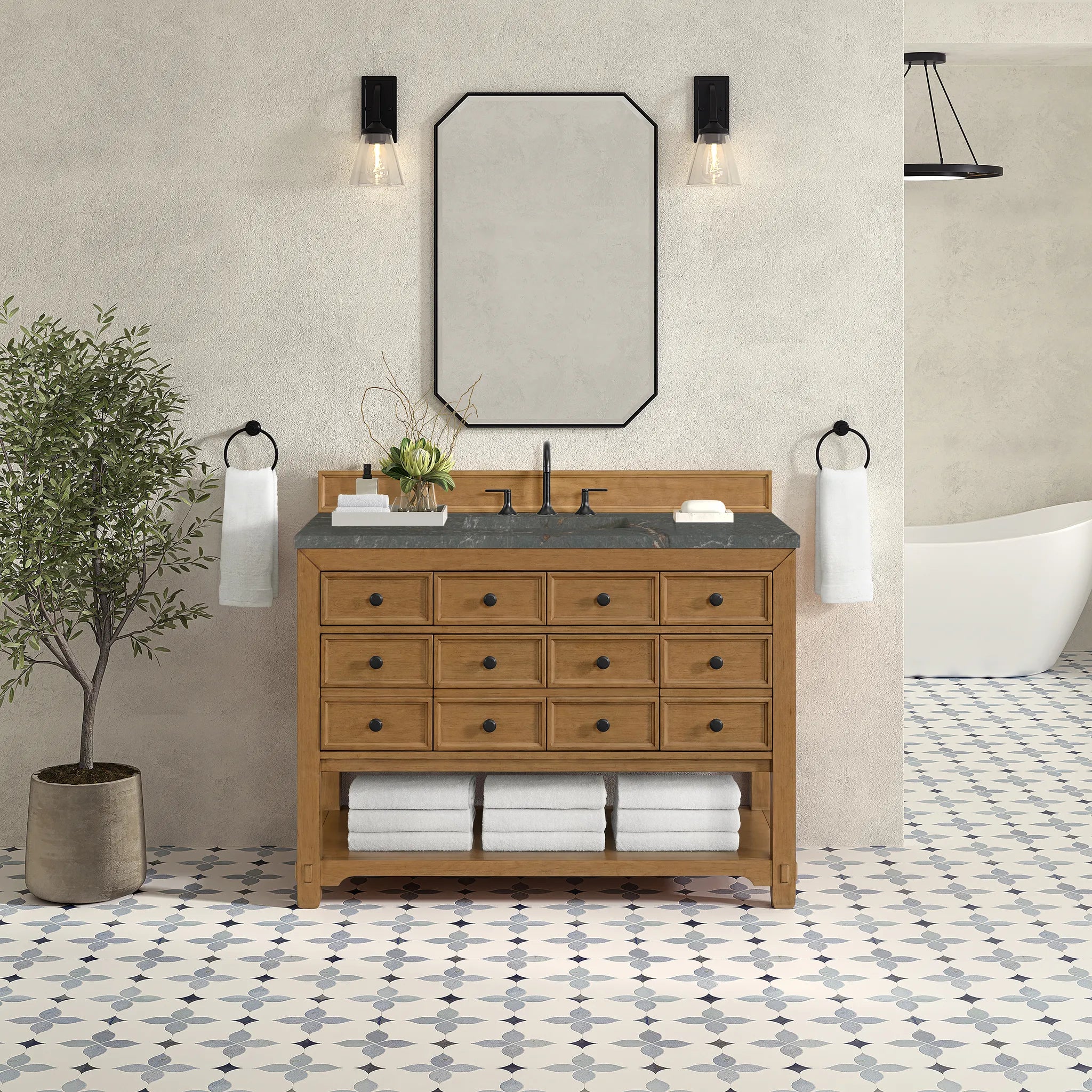 48" Malibu Single Vanity in Amber Birch w/FreePower Wireless Charger-Parisien Bleu Silestone-8" Widespread image 4