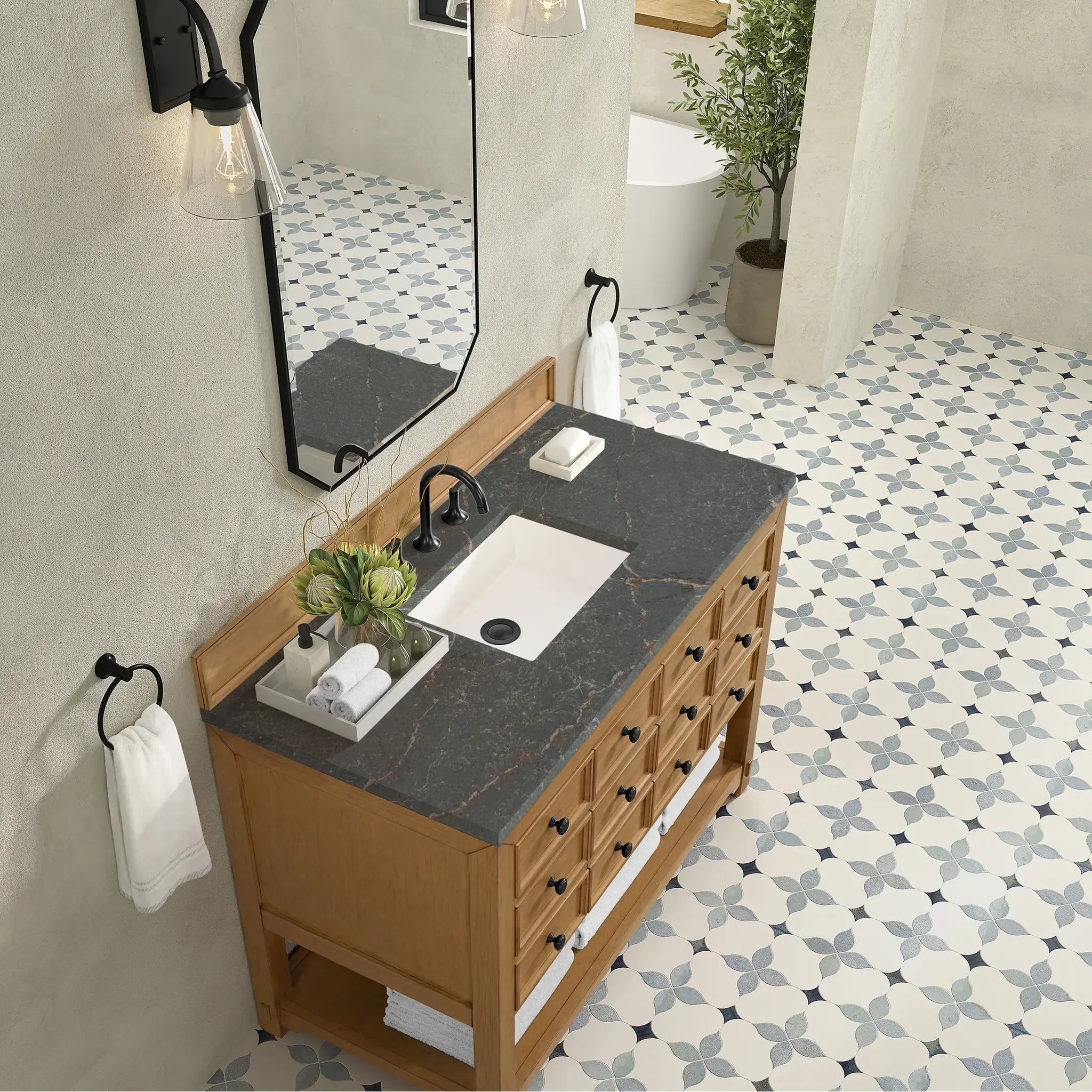 48" Malibu Single Vanity in Amber Birch w/FreePower Wireless Charger-Parisien Bleu Silestone-8" Widespread image 8