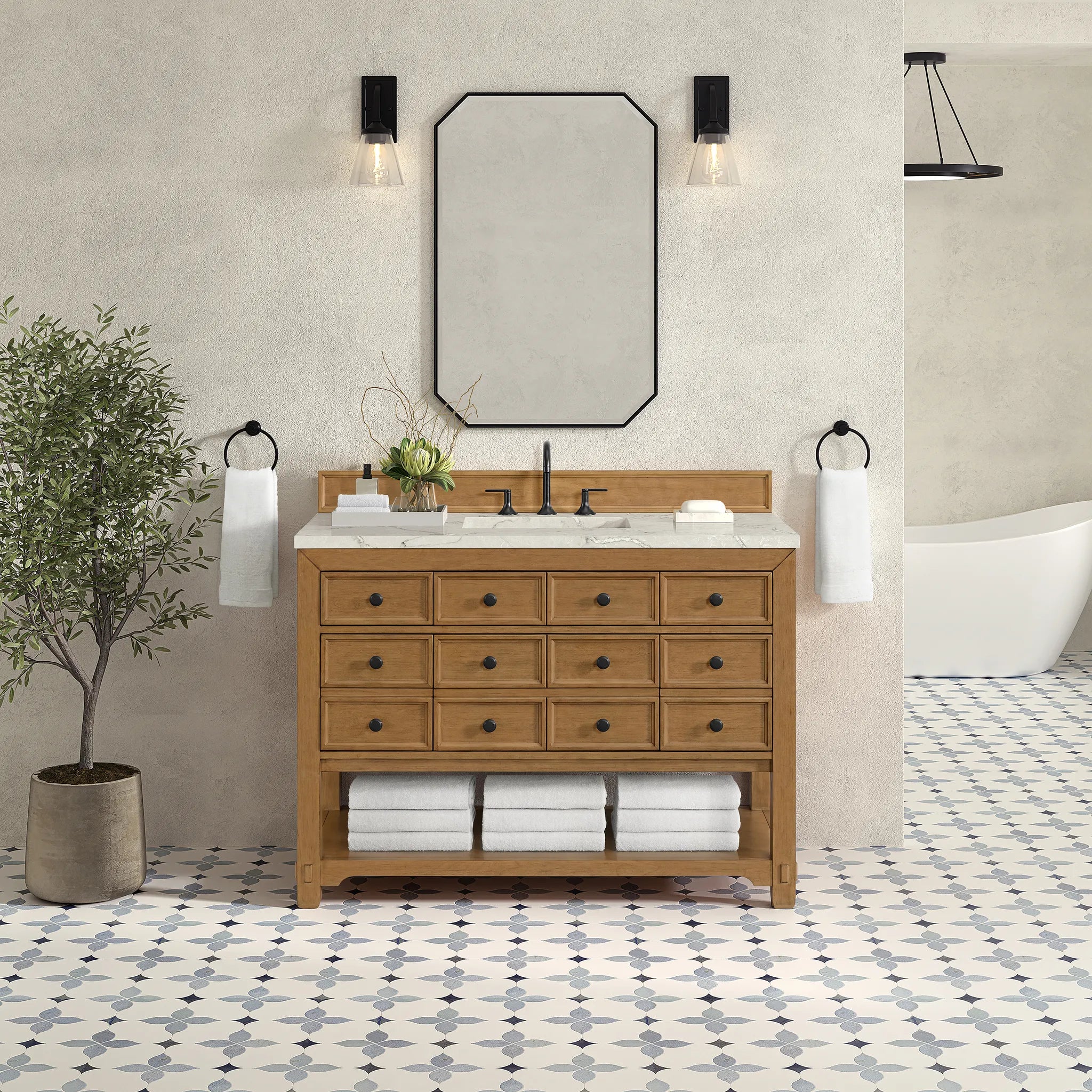 48" Malibu Single Vanity in Amber Birch w/FreePower Wireless Charger-Victorian Silver Silestone-8" Widespread image 4
