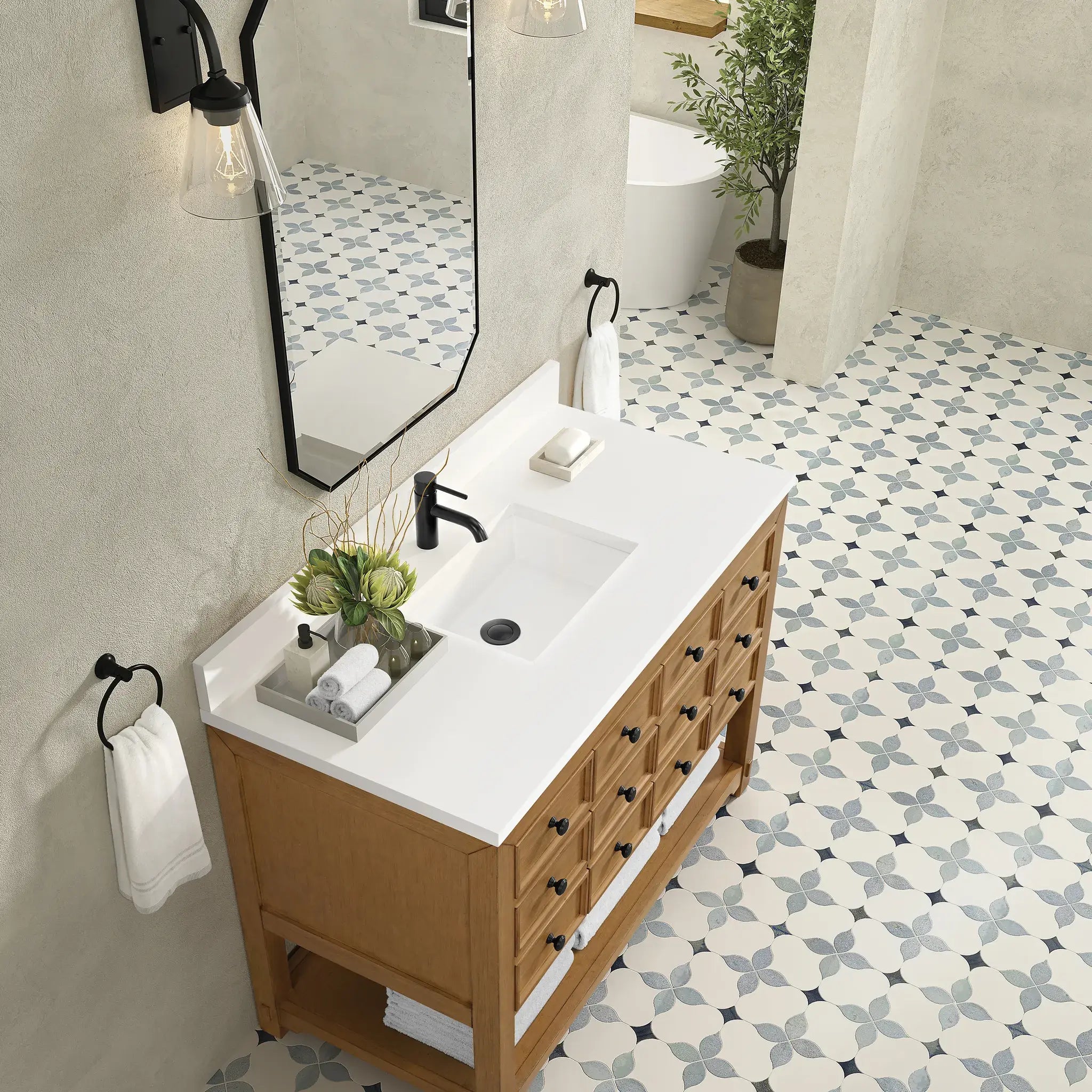 48" Malibu Single Vanity in Amber Birch-White Zeus Silestone & Backsplash-Single Hole image 6
