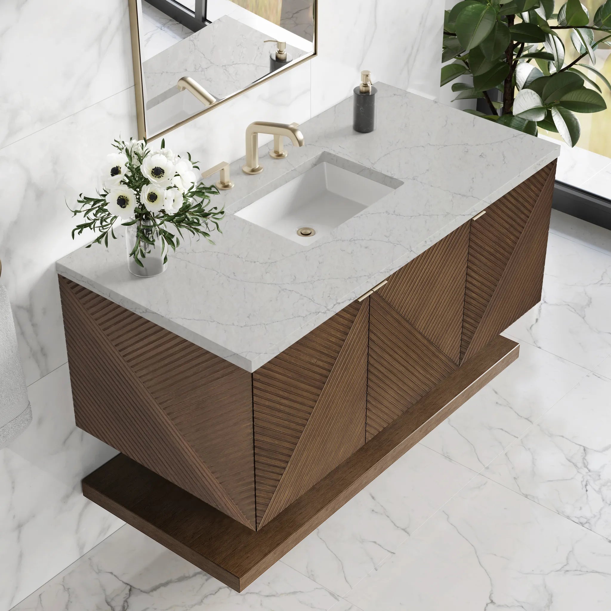 48" Marcello Single Vanity in Chestnut w/FreePower Wireless Charger-Eternal Jasmine Pearl Silestone-8" Widespread image 7