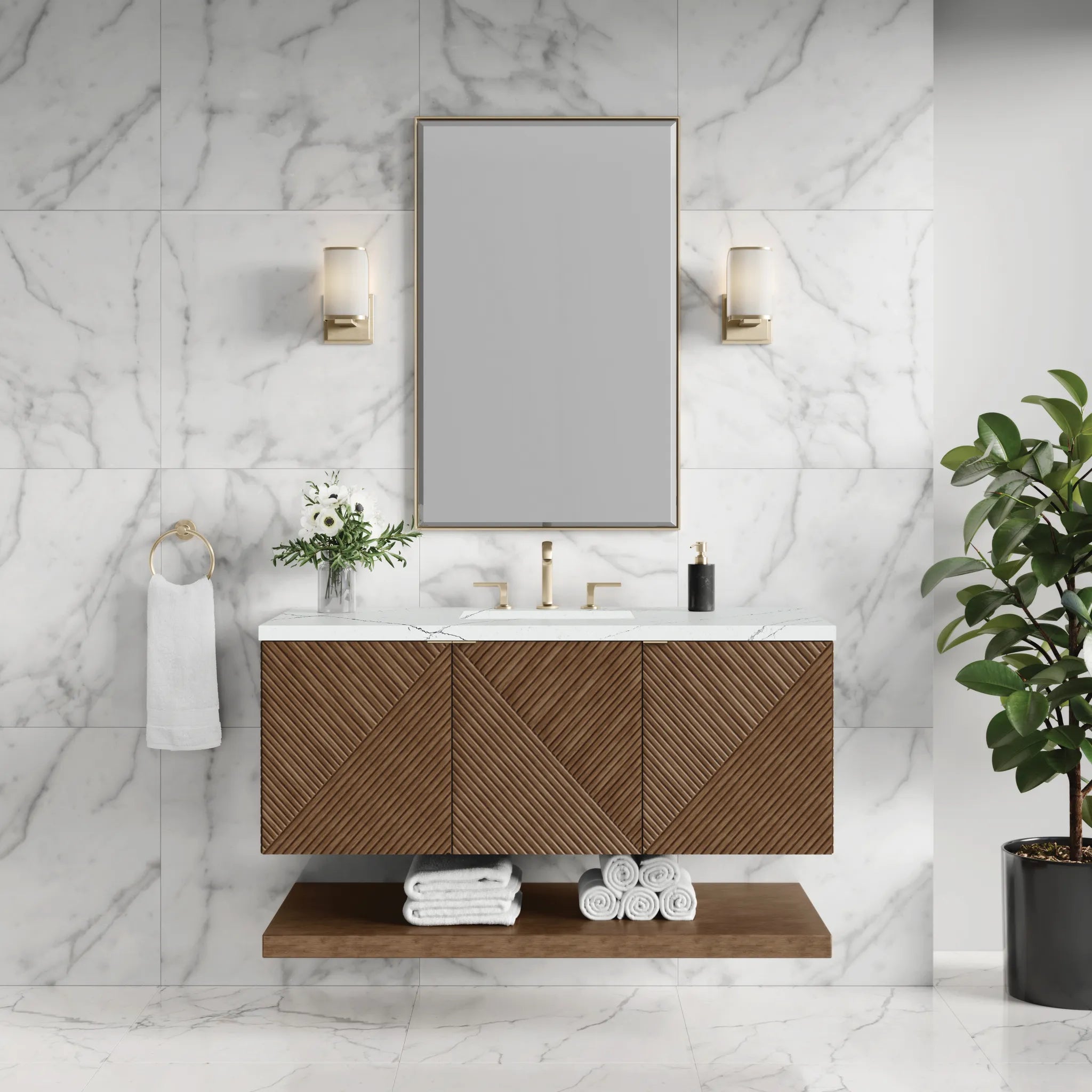 48" Marcello Single Vanity in Chestnut w/FreePower Wireless Charger-Ethereal Noctis Silestone-8" Widespread image 4