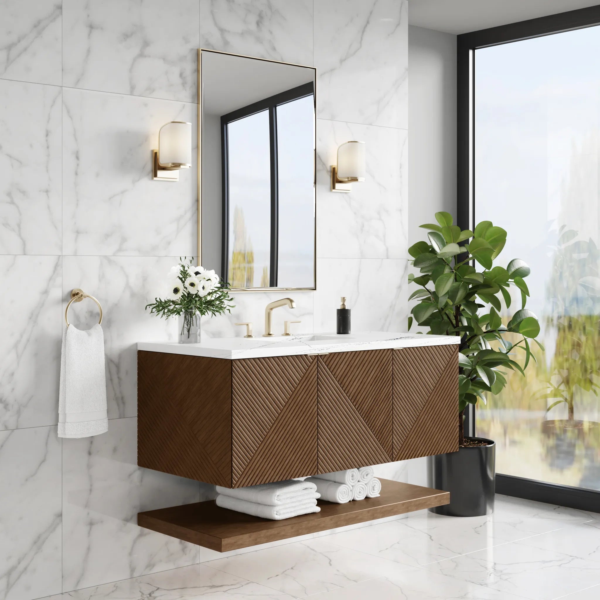 48" Marcello Single Vanity in Chestnut w/FreePower Wireless Charger-Ethereal Noctis Silestone-8" Widespread image 5