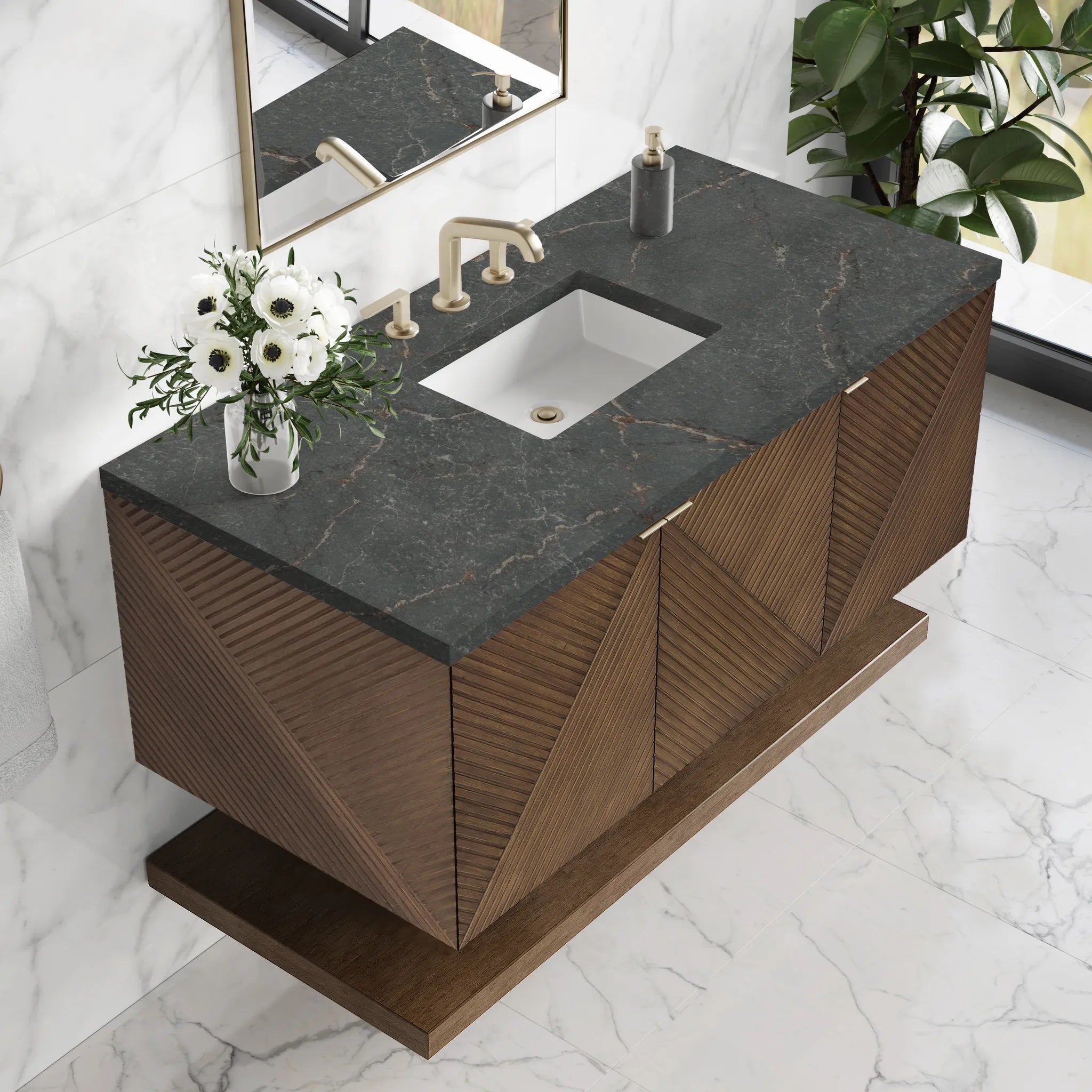 48" Marcello Single Vanity in Chestnut w/FreePower Wireless Charger-Parisien Bleu Silestone-8" Widespread image 7