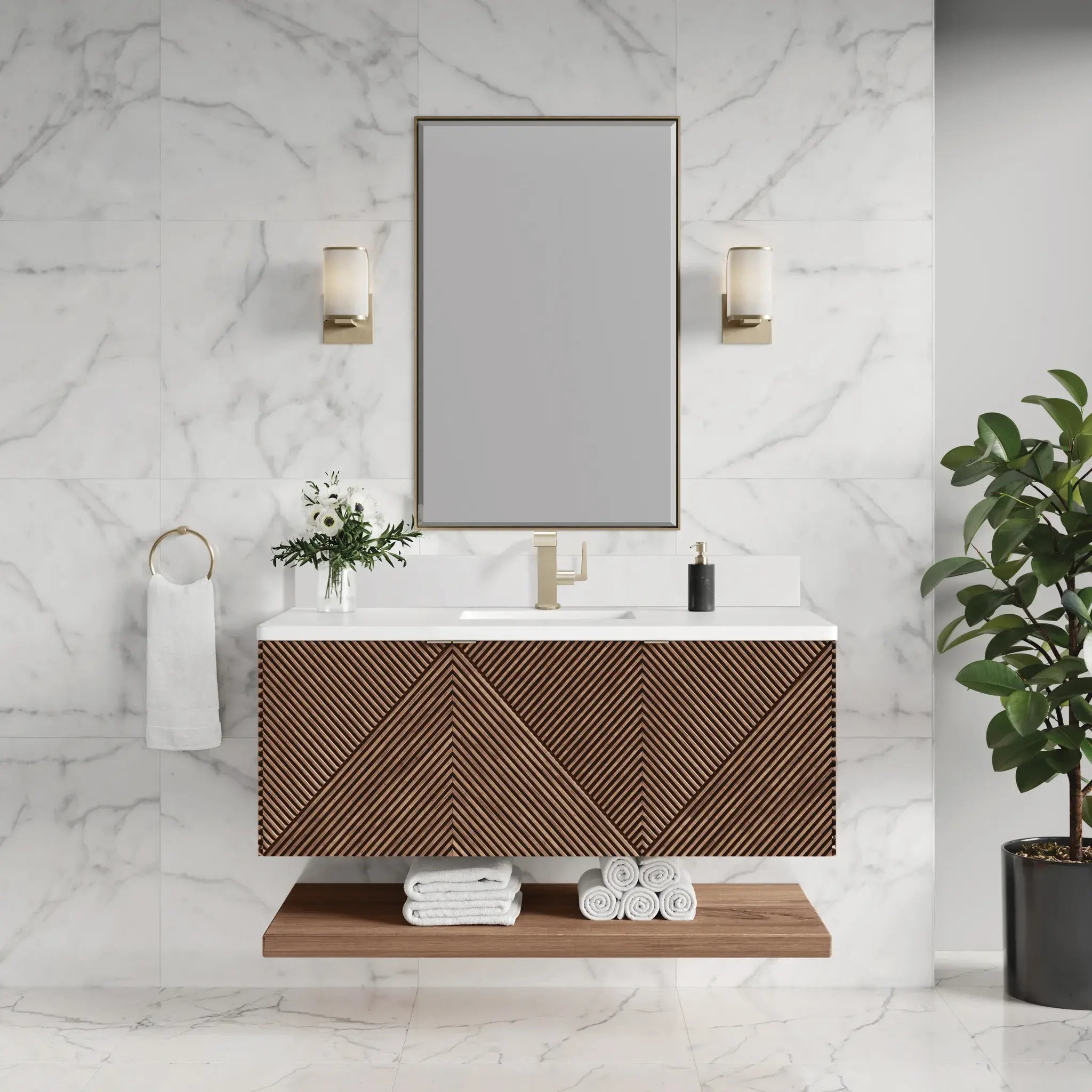 48" Marcello Single Vanity in Chestnut-White Zeus Silestone & Backsplash-Single Hole image 1